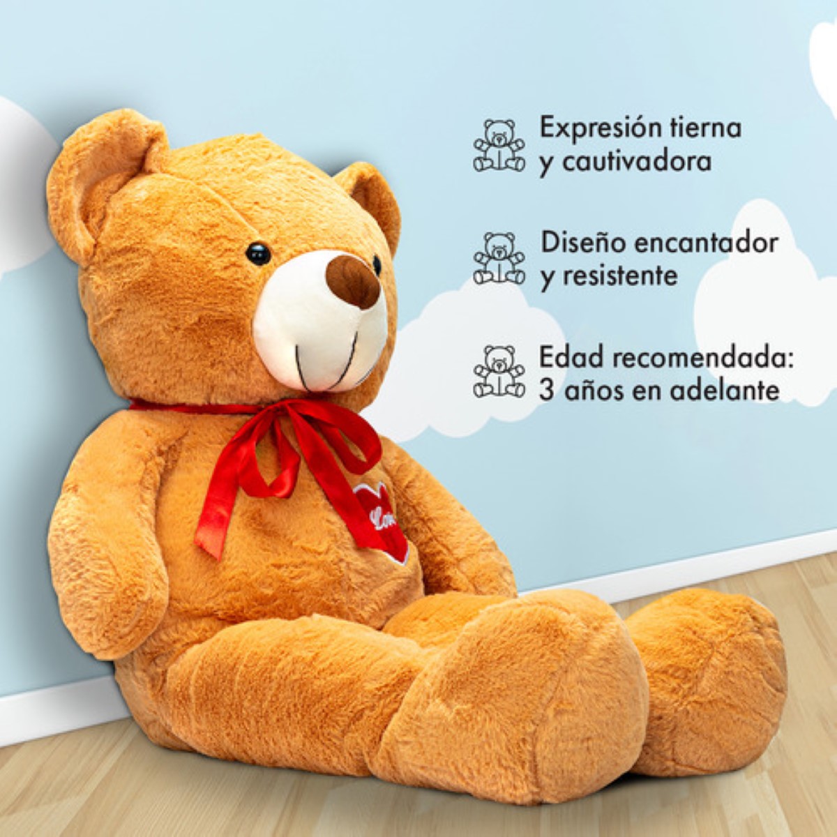 Oso De Peluche Teddy Grande Abrazable Corazón Metro Café claro