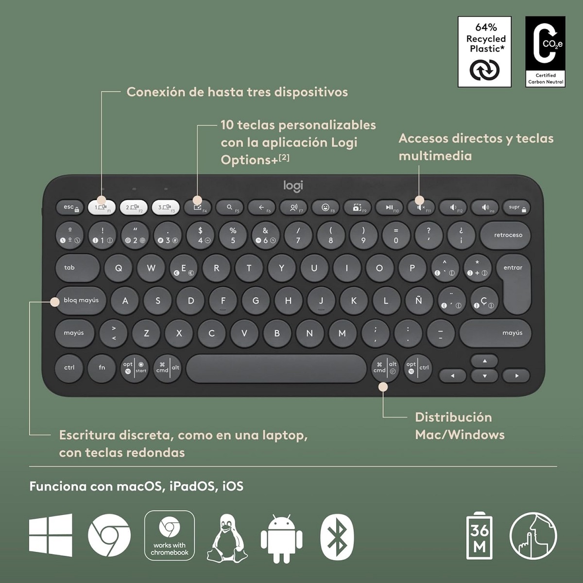 Teclado Logitech Bluetooth PEBBLE KEYS 2 K380S Grafito 920-011783