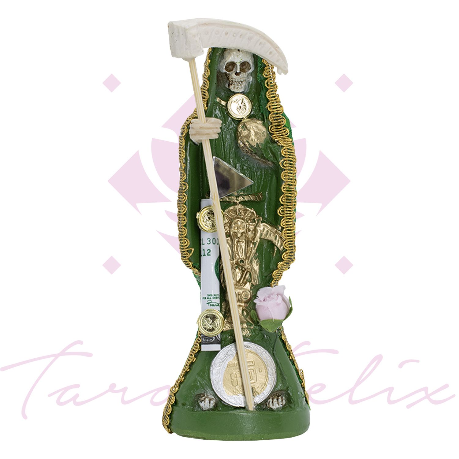 Santa Muerte Vestida Verde – 15 cm de Altura con Biblia de Oraciones