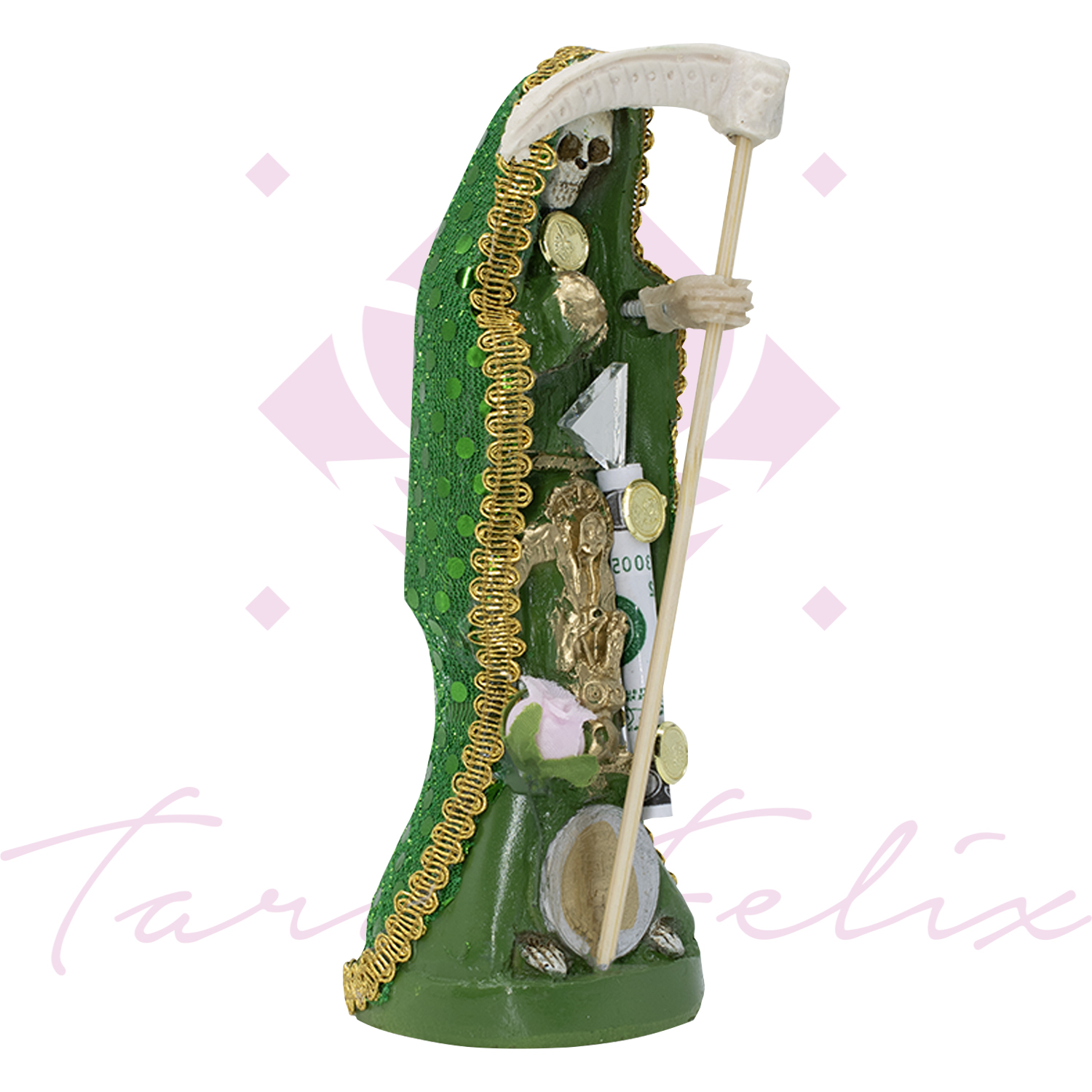 Santa Muerte Vestida Verde – 15 cm de Altura con Biblia de Oraciones