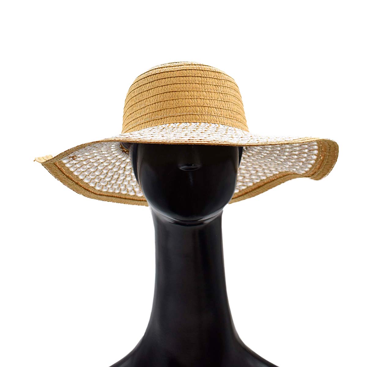 Sombrero Pamela Color Mostaza Detalles en Blanco 