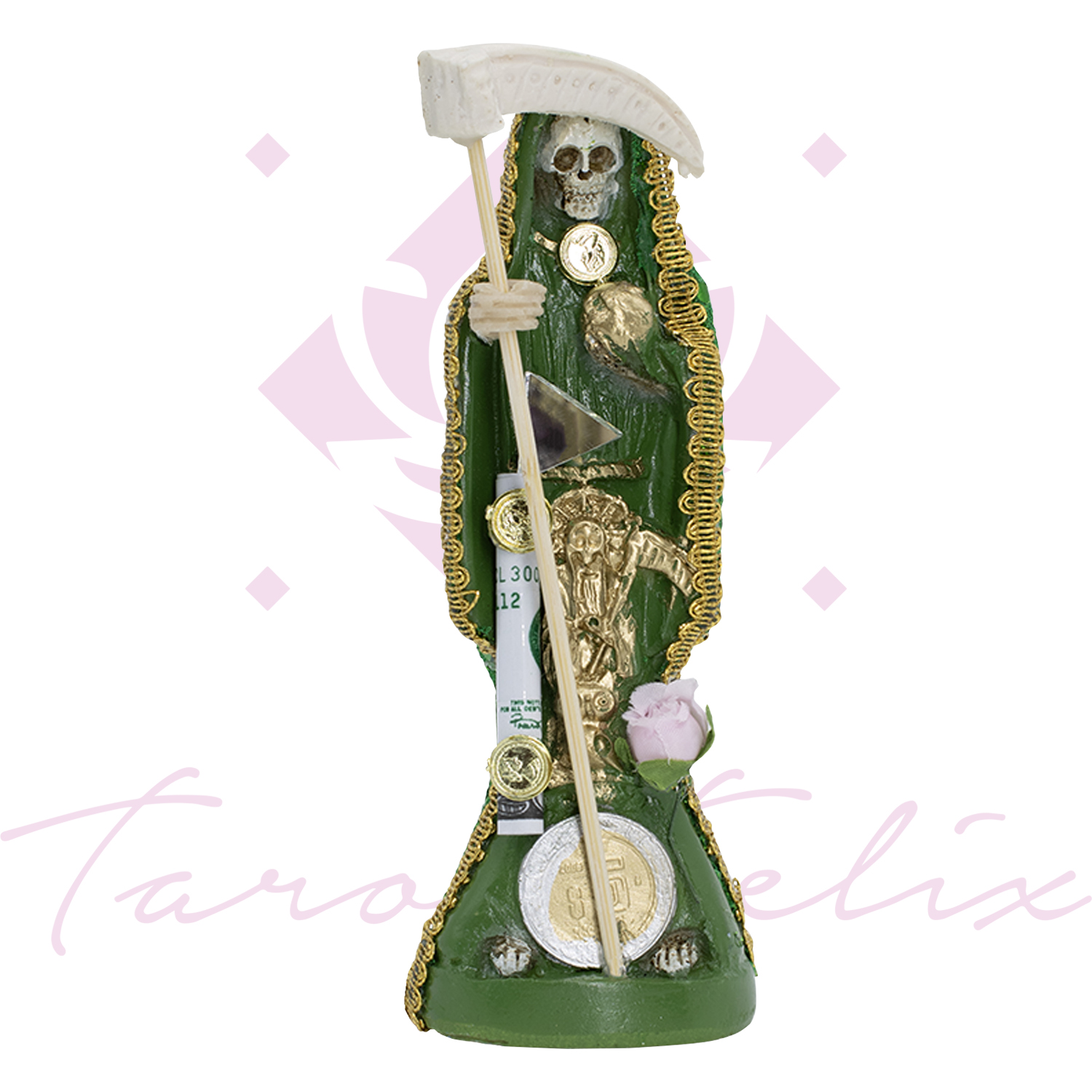 Santa Muerte Vestida Verde – 15 cm de Altura con Biblia de Oraciones