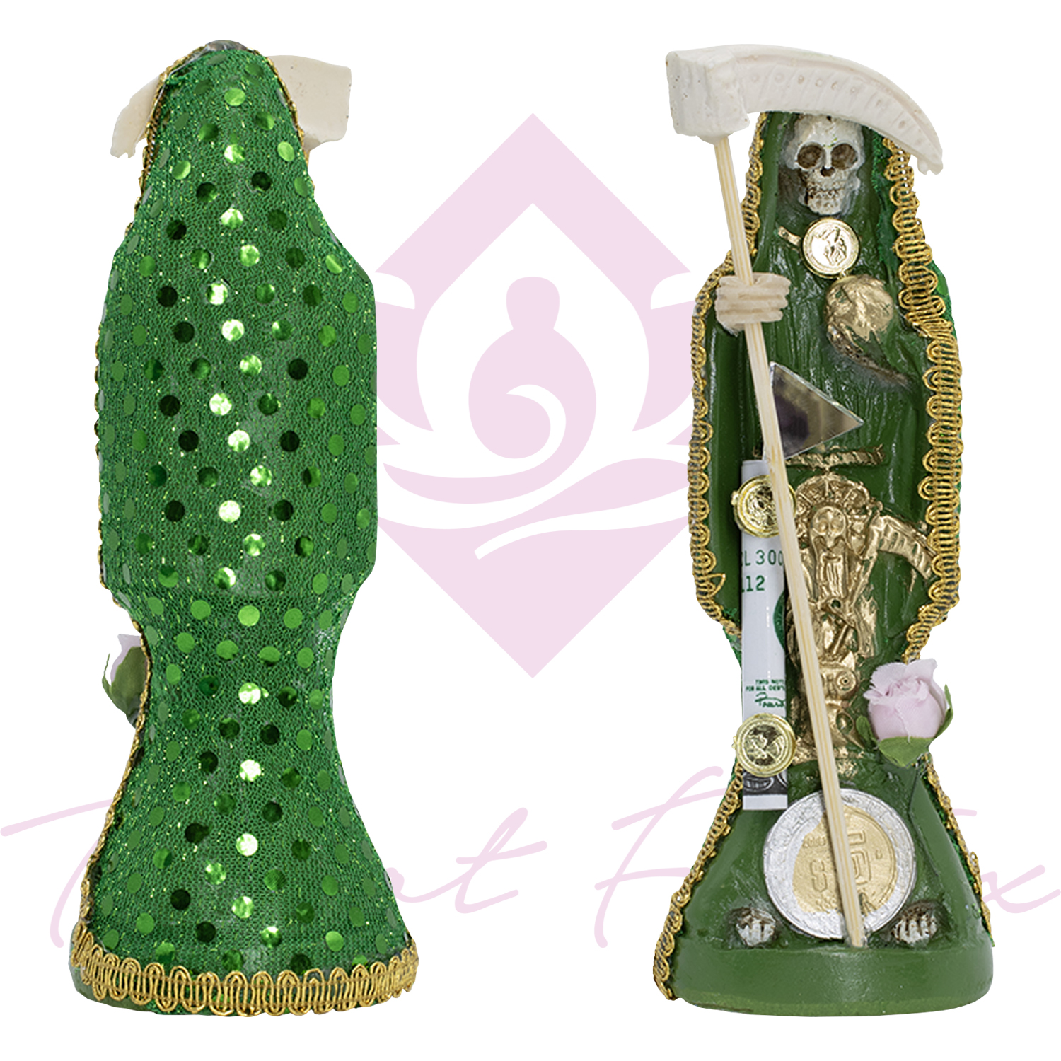 Santa Muerte Vestida Verde – 15 cm de Altura con Biblia de Oraciones