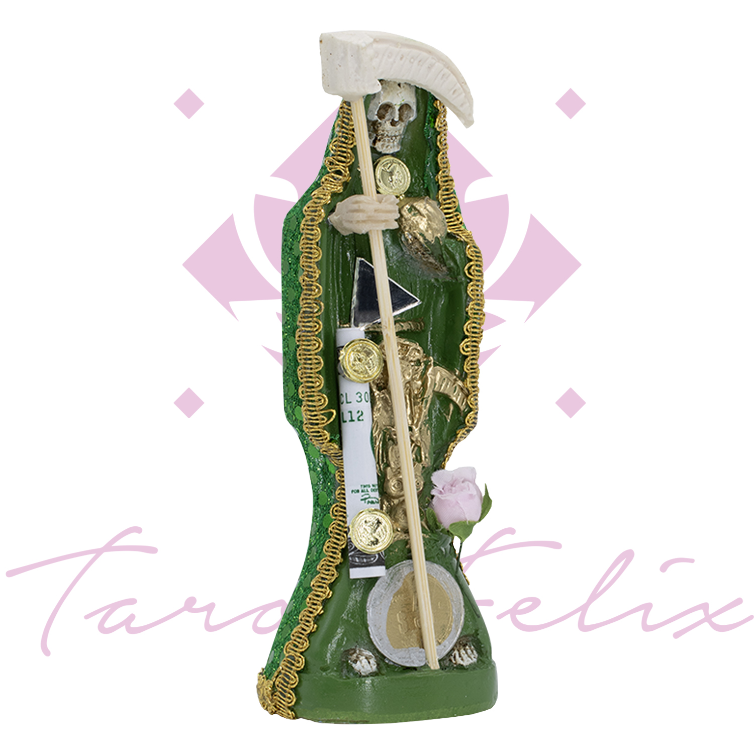 Santa Muerte Vestida Verde – 30 cm de Altura con Biblia de Oraciones