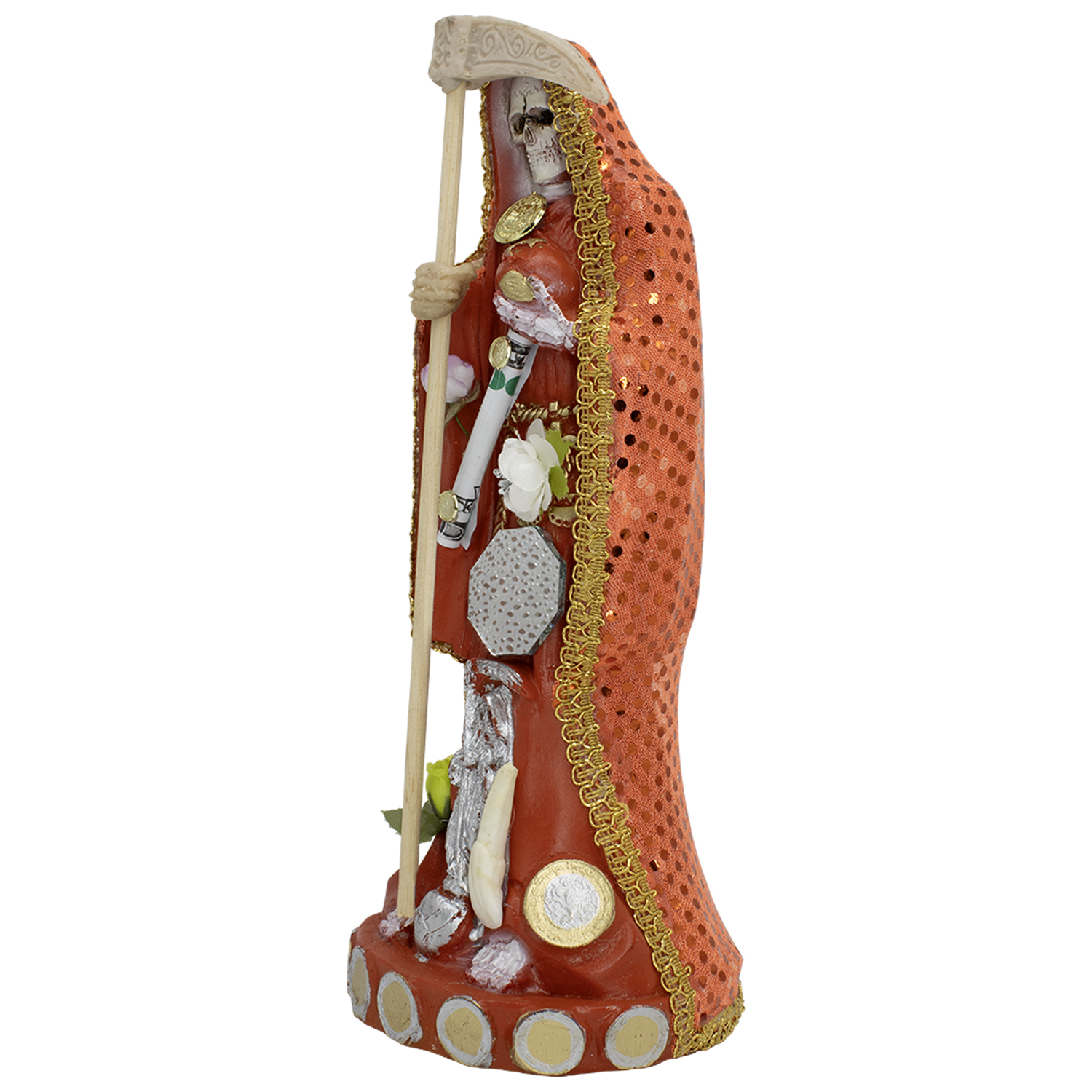 Santa Muerte Vestida Naranja 24 cm – Símbolo de Protección y Abundancia