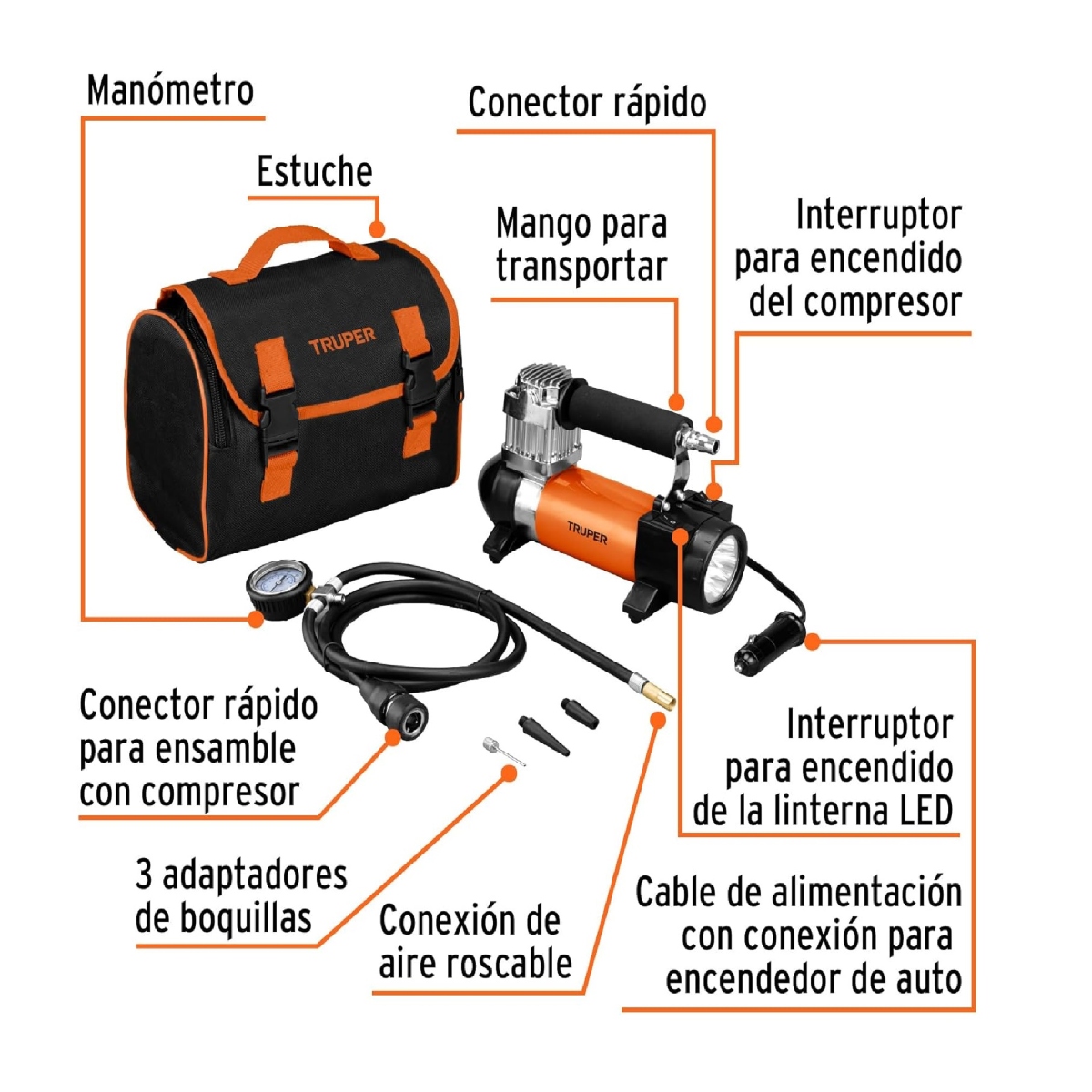 Compresor de Aire 12 V Portátil Truper COMP-12 P/Auto Incluye Maletín ENDY5
