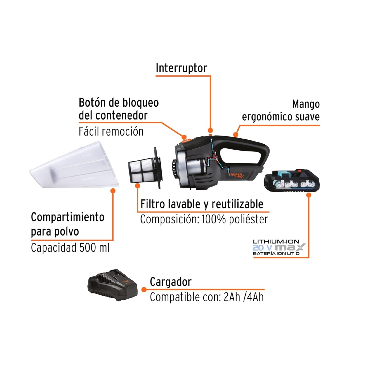 Aspiradora Inalámbrica 20V Truper MAX-20A Filtro Lavable y Reutilizable ENDY3