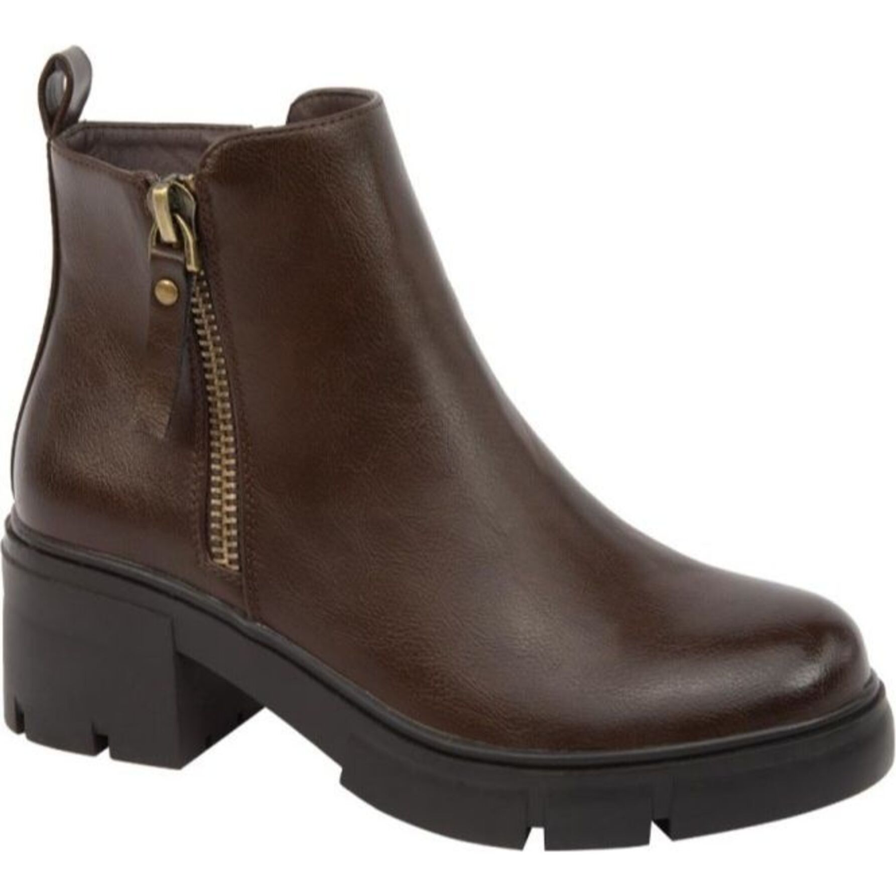 Bota para mujer, tipo botín, con cierre metálico y tacón ancho, marca Tierra Bendita, color café 1141944