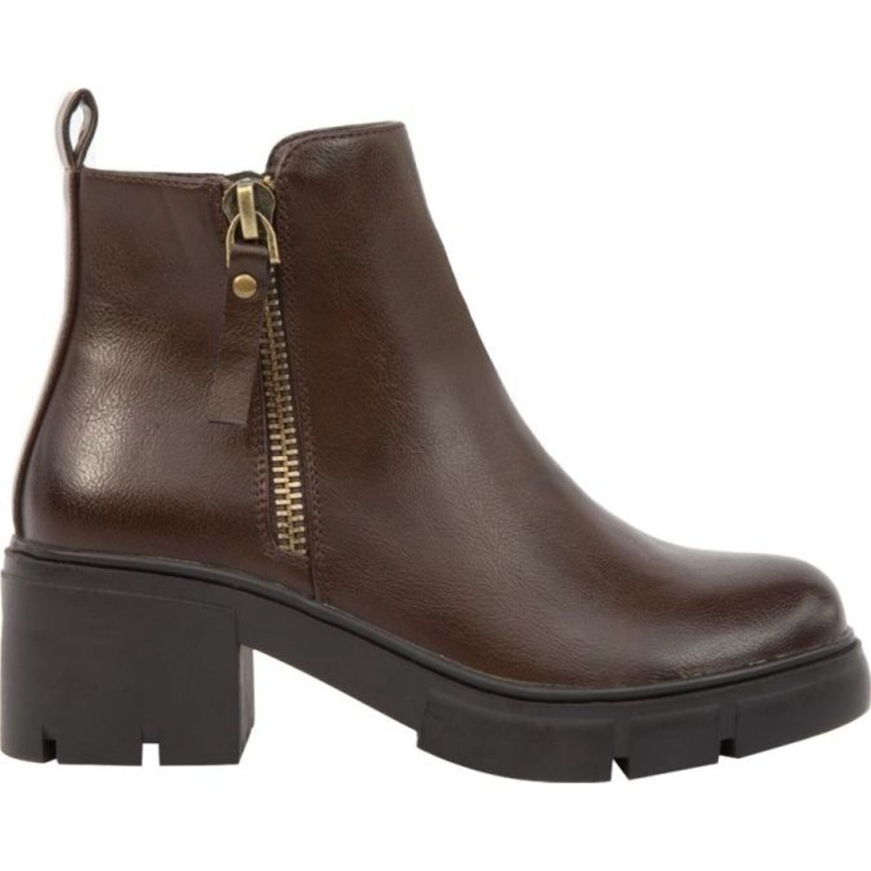 Bota para mujer, tipo botín, con cierre metálico y tacón ancho, marca Tierra Bendita, color café 1141944