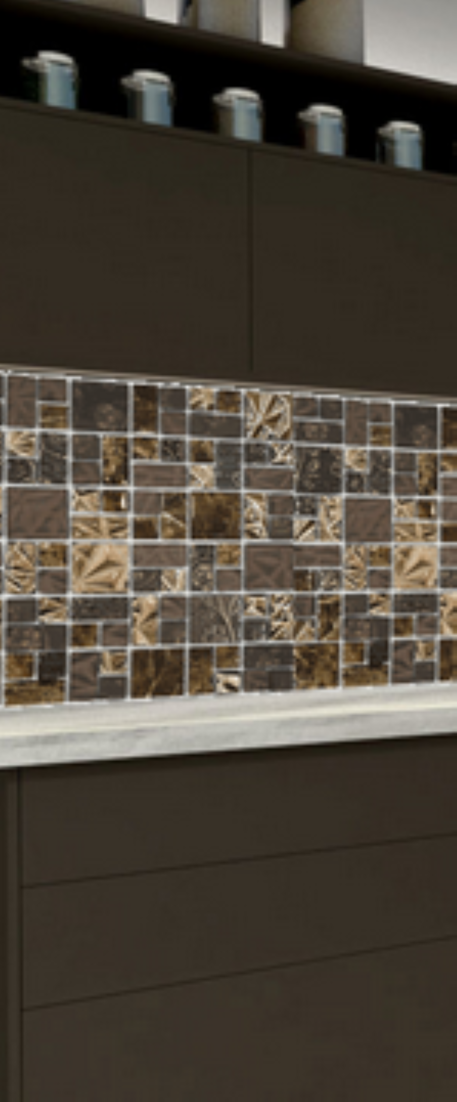 Malla o Mosaico Decorativo de vidrio BUI, medida 30 x 30 cms. (base por altura). Diseño en tonos cafés, con detalles marmoleados y en relieve. Caja de 5 piezas.