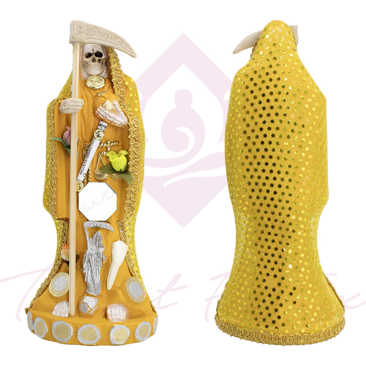 Santa Muerte Vestida Amarilla – 15 cm de Altura con Guadaña y Detalles Dorados