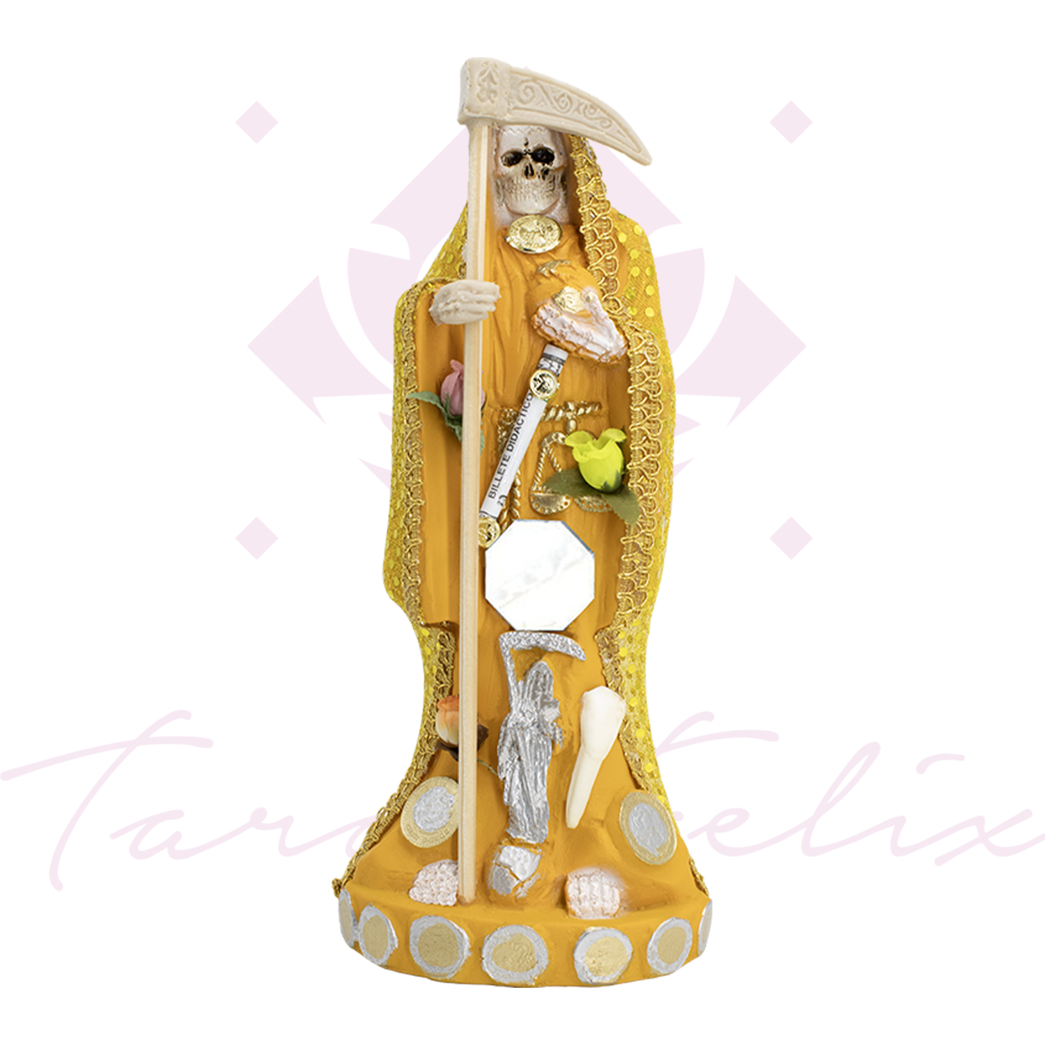 Santa Muerte Vestida Amarilla – 15 cm de Altura con Guadaña y Detalles Dorados