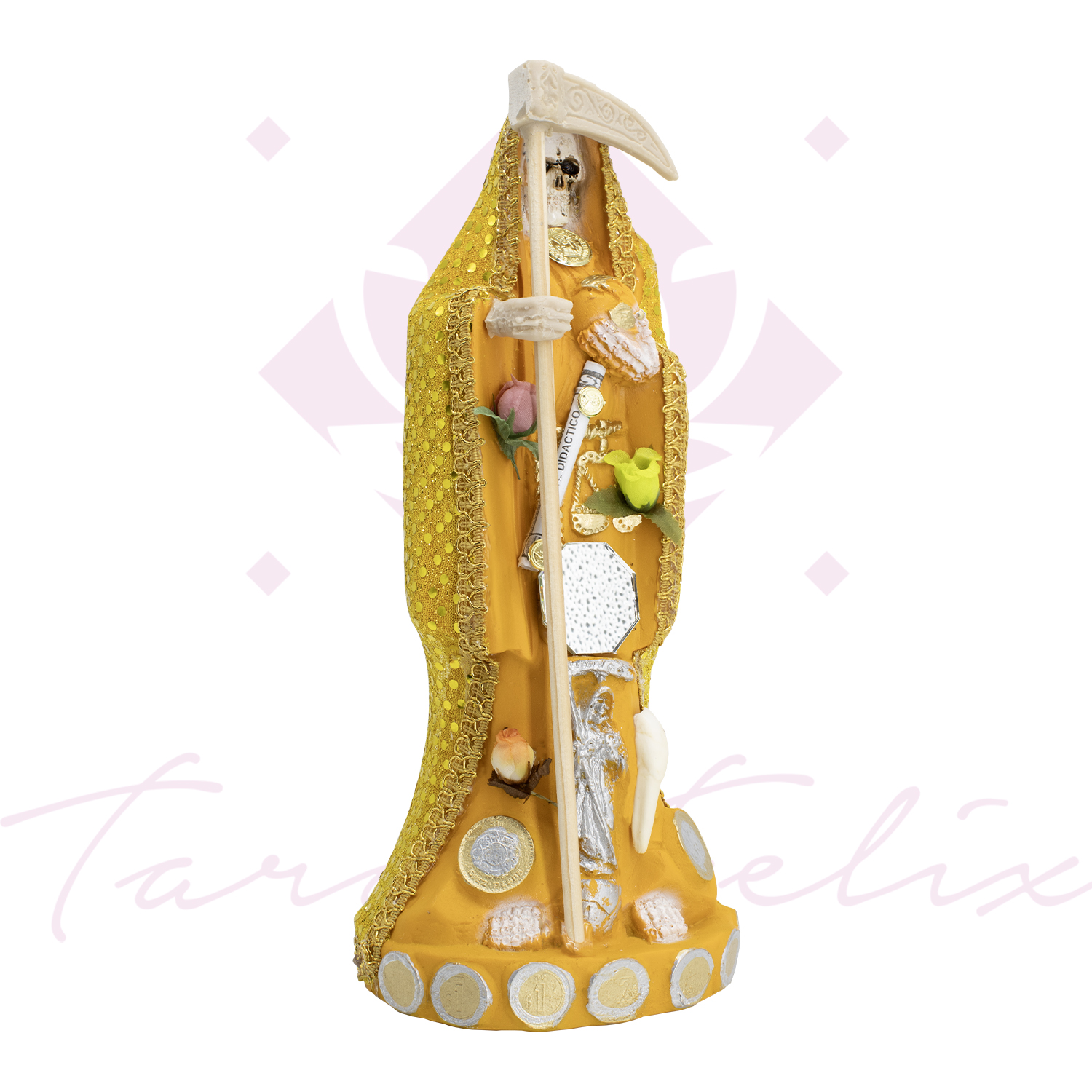 Santa Muerte Vestida Amarilla – 15 cm de Altura con Guadaña y Detalles Dorados