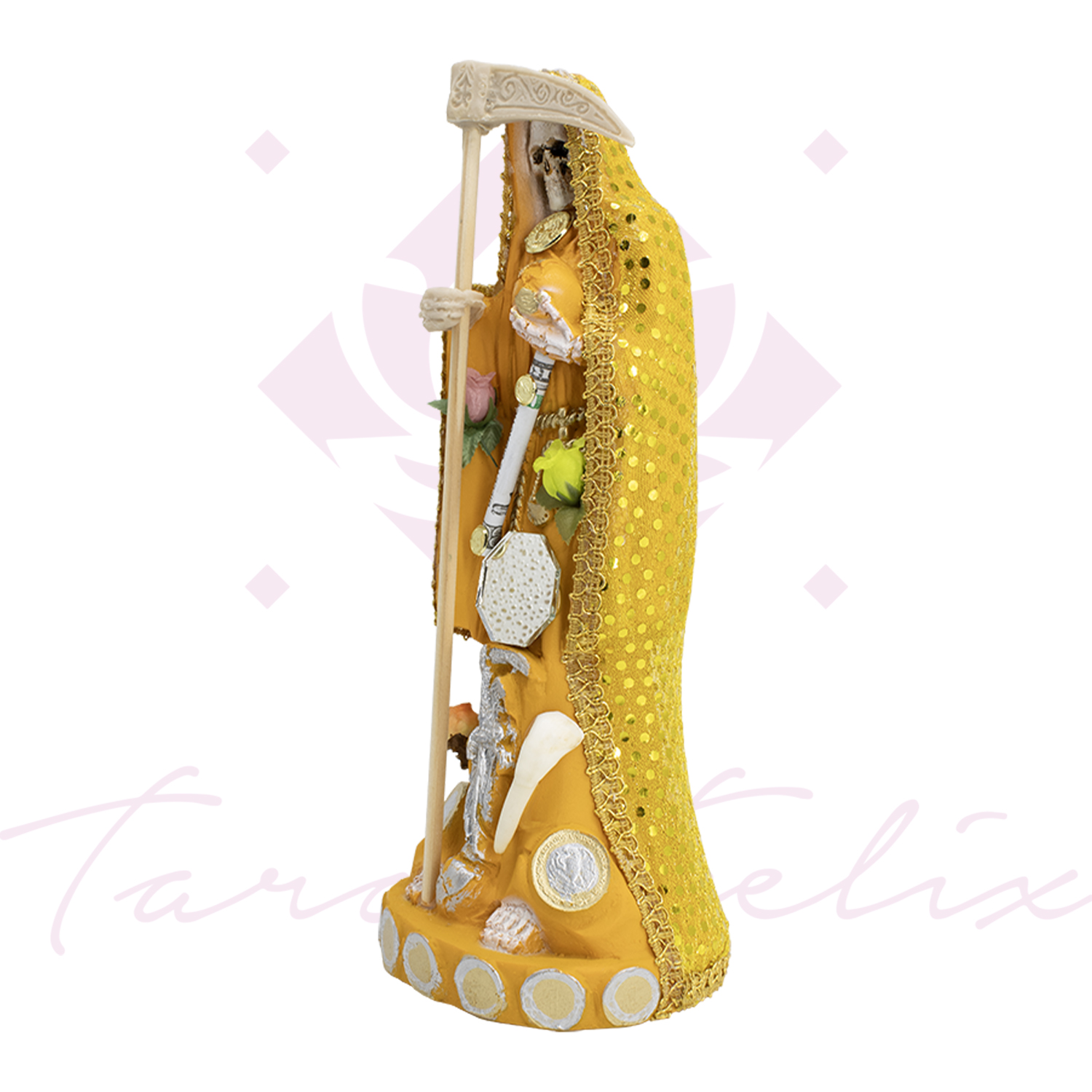 Santa Muerte Vestida Amarilla – 15 cm de Altura con Guadaña y Detalles Dorados