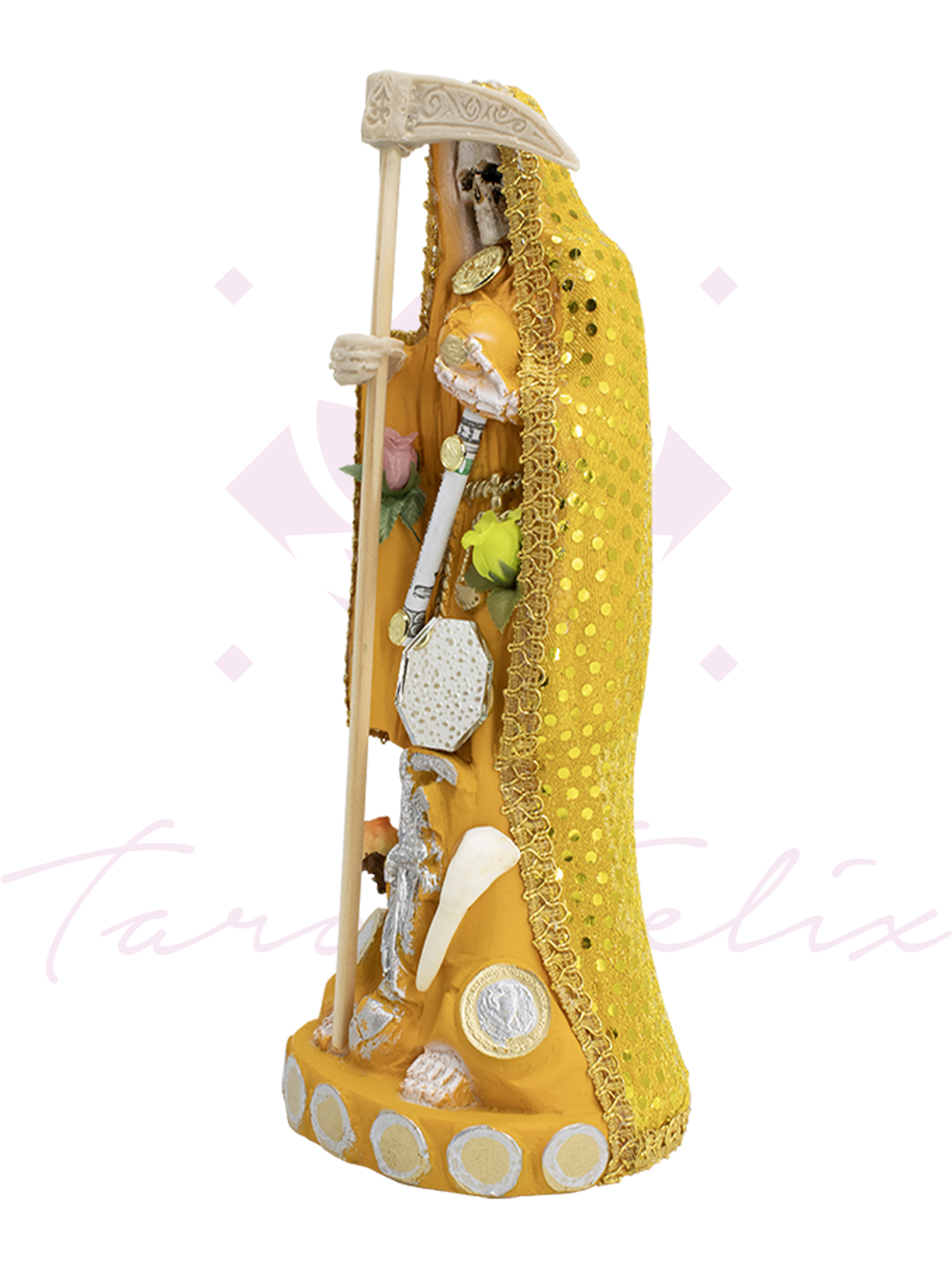 Santa Muerte Vestida Amarilla – 24 cm de Altura con Guadaña y Detalles Dorados