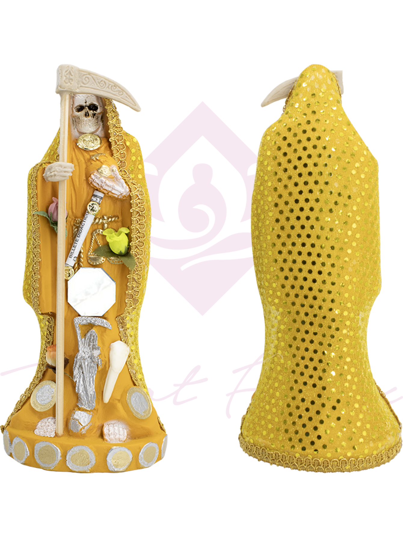 Santa Muerte Vestida Amarilla – 24 cm de Altura con Guadaña y Detalles Dorados