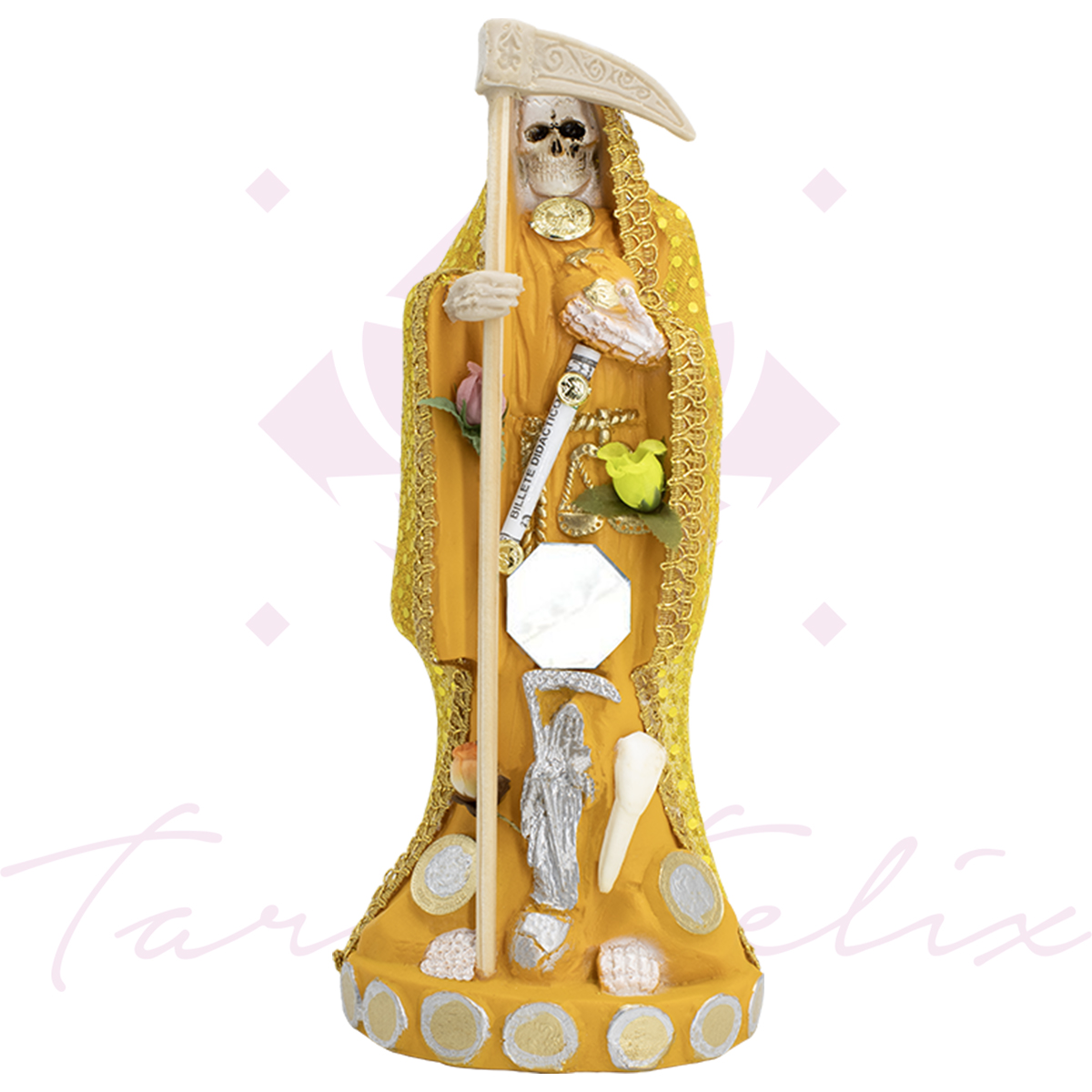 Santa Muerte Vestida Amarilla – 24 cm de Altura con Guadaña y Detalles Dorados