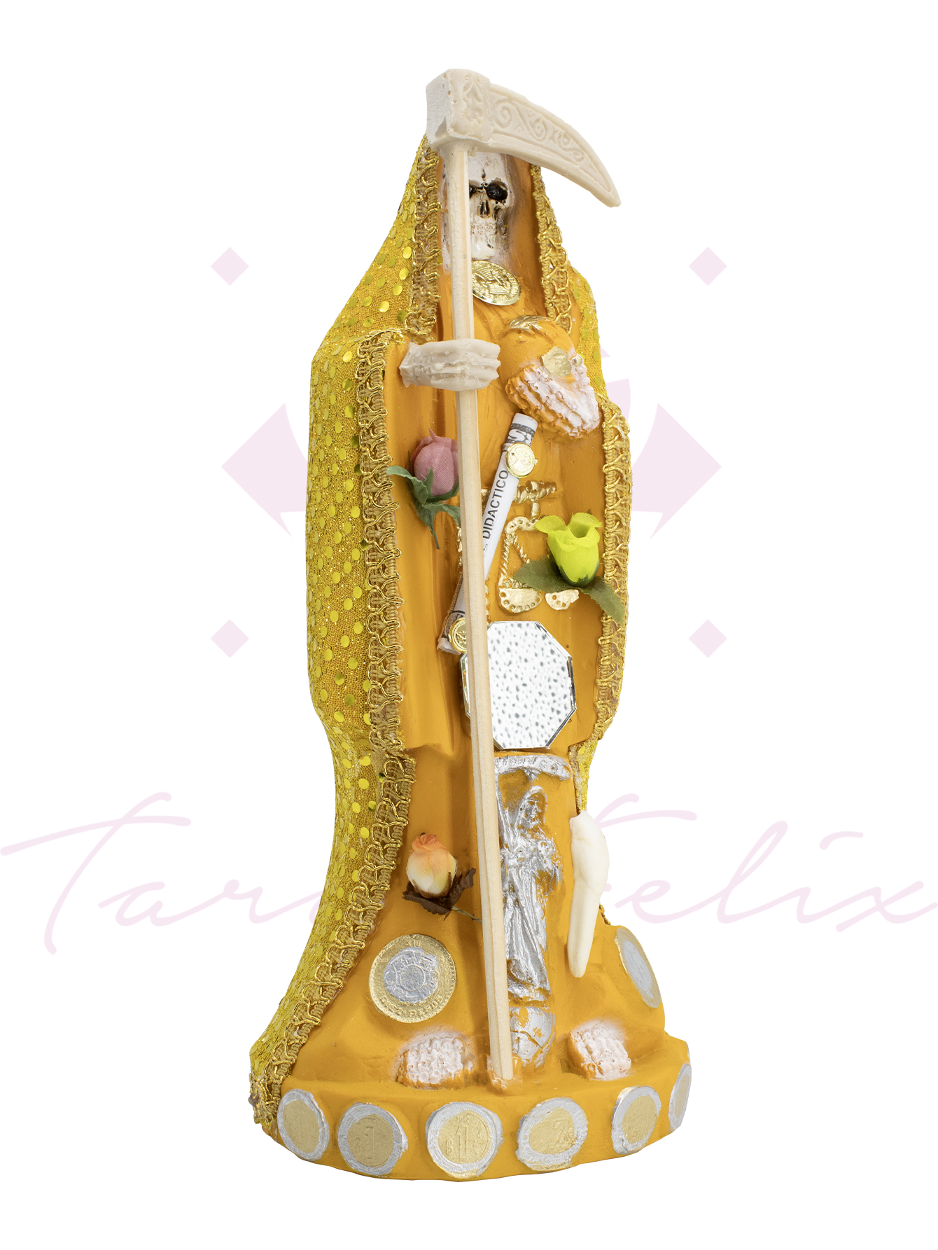 Santa Muerte Vestida Amarilla – 24 cm de Altura con Guadaña y Detalles Dorados