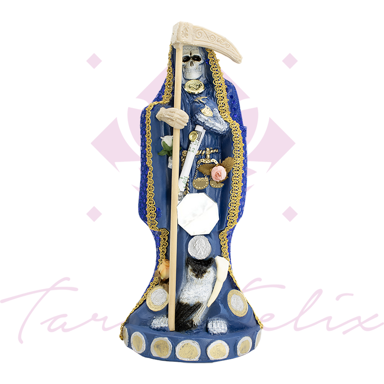 Santa Muerte Vestida Azul – 15 Cm De Altura Con Guadaña Y Detalles Dorados