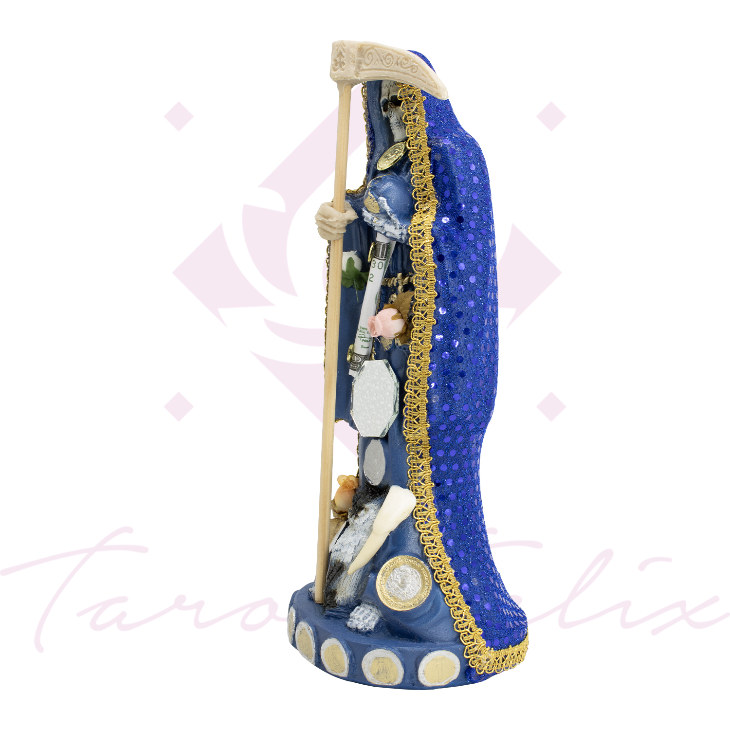 Santa Muerte Vestida Azul – 15 Cm De Altura Con Guadaña Y Detalles Dorados