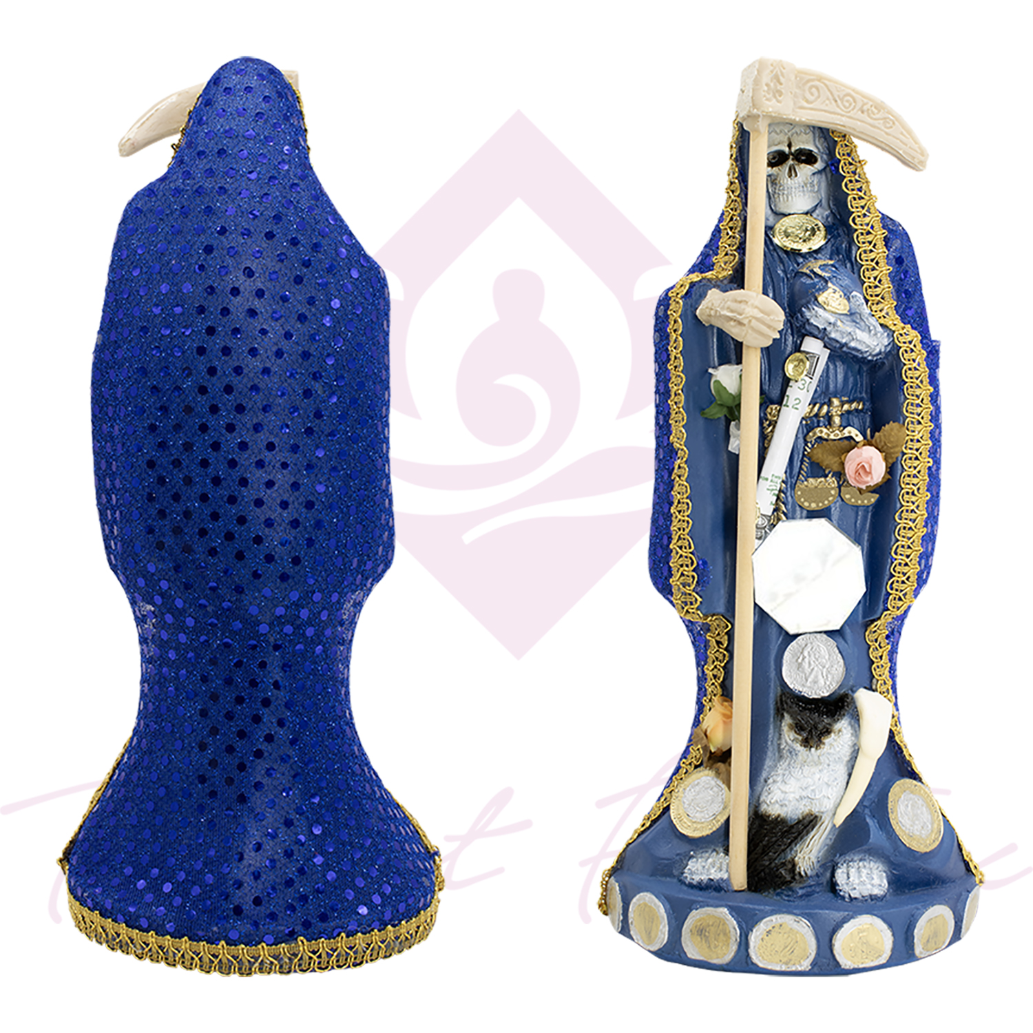 Santa Muerte Vestida Azul – 15 Cm De Altura Con Guadaña Y Detalles Dorados