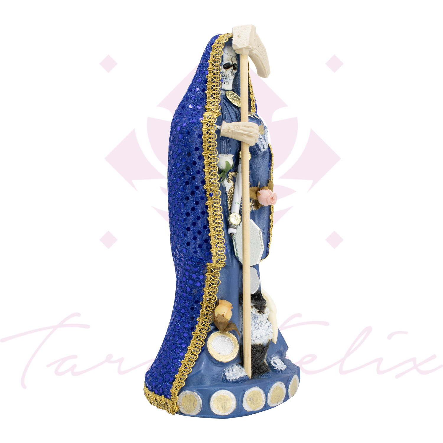 Santa Muerte Vestida Azul – 30 Cm De Altura Con Guadaña Y Detalles Dorados