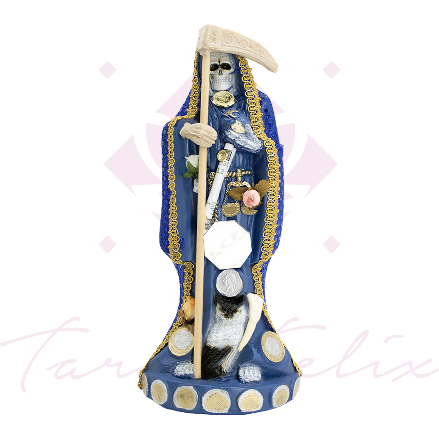 Santa Muerte Vestida Azul – 30 Cm De Altura Con Guadaña Y Detalles Dorados