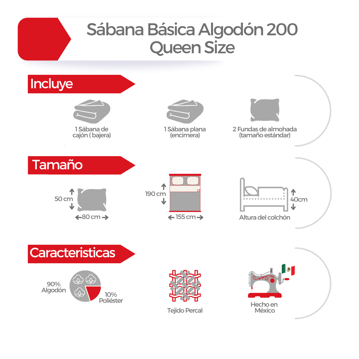 Juego de Sábanas Básica Algodón Percal 300 - Queen Size - Gris