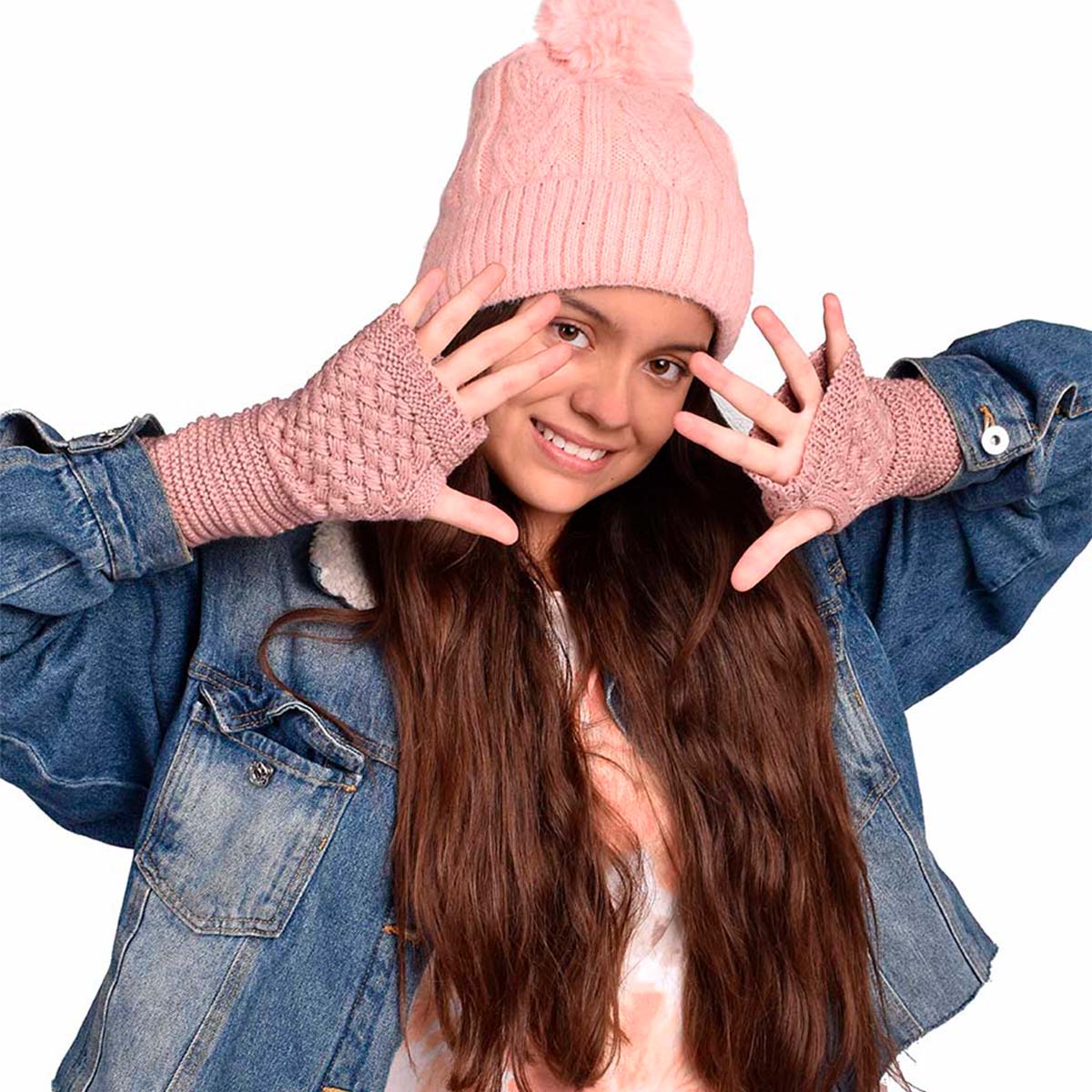 Guantes Tejidos Sin Dedos Mujer Diseño de Mitón Largo Palo de Rosa