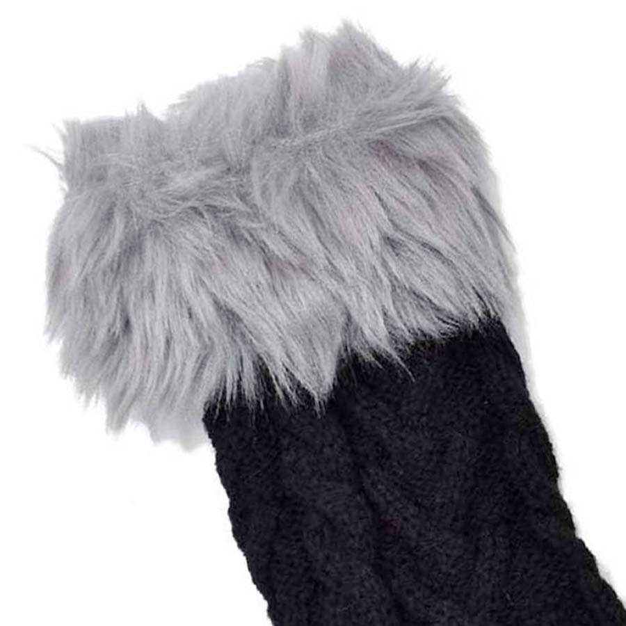 Guantes Tejidos Sin Dedos Mitón Mujer Negro Detalle de Peluche en Dedos