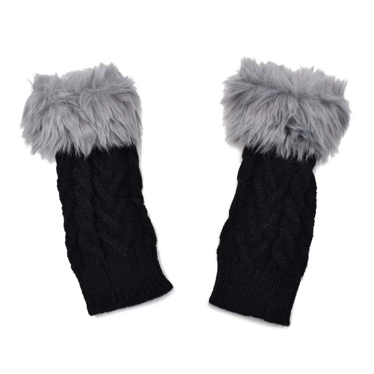 Guantes Tejidos Sin Dedos Mitón Mujer Negro Detalle de Peluche en Dedos