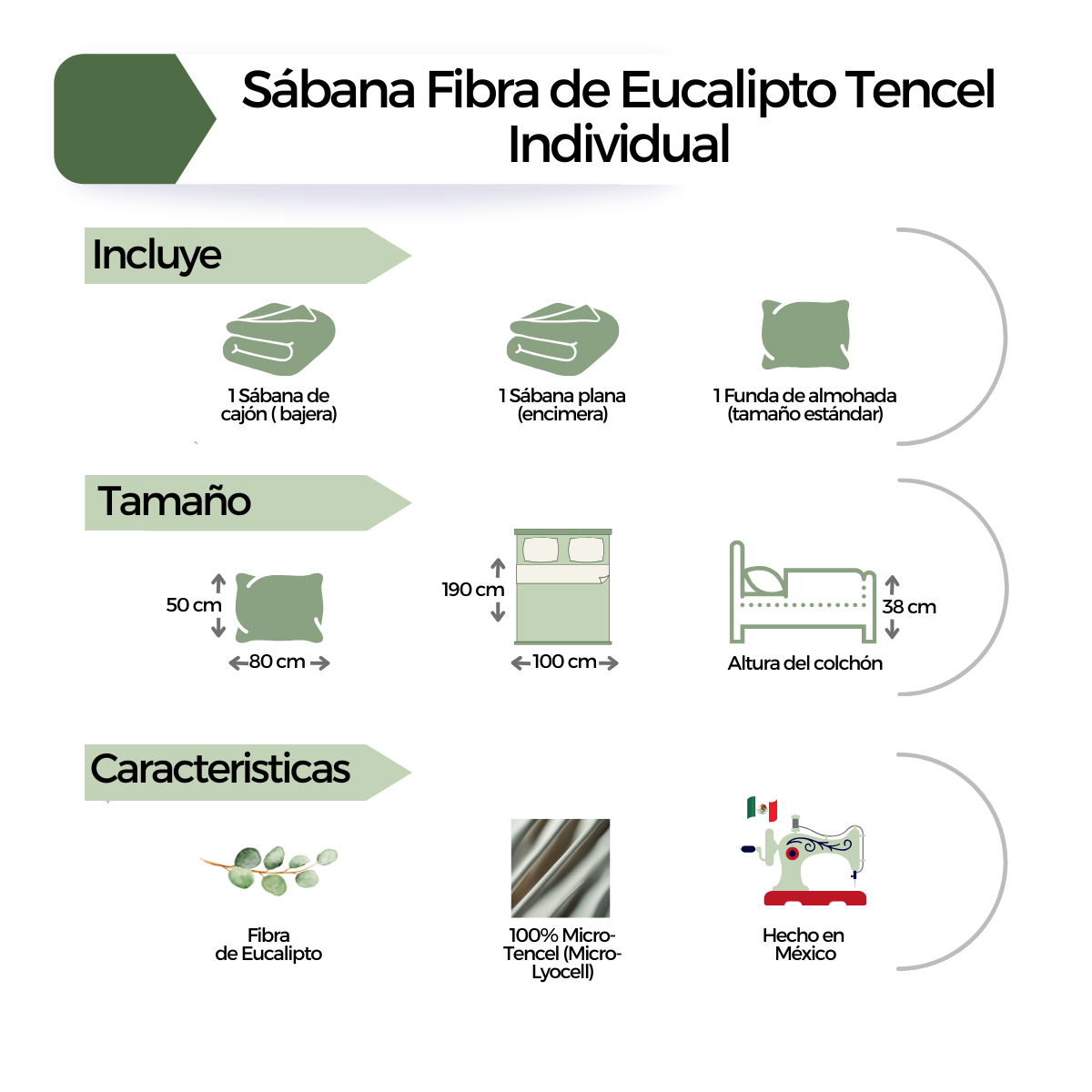 Juego de Sábanas Tencel - Fibra de Eucalipto Ultra-fresco y Ultra-suave - Tamaño Individual - Color Verde Místico