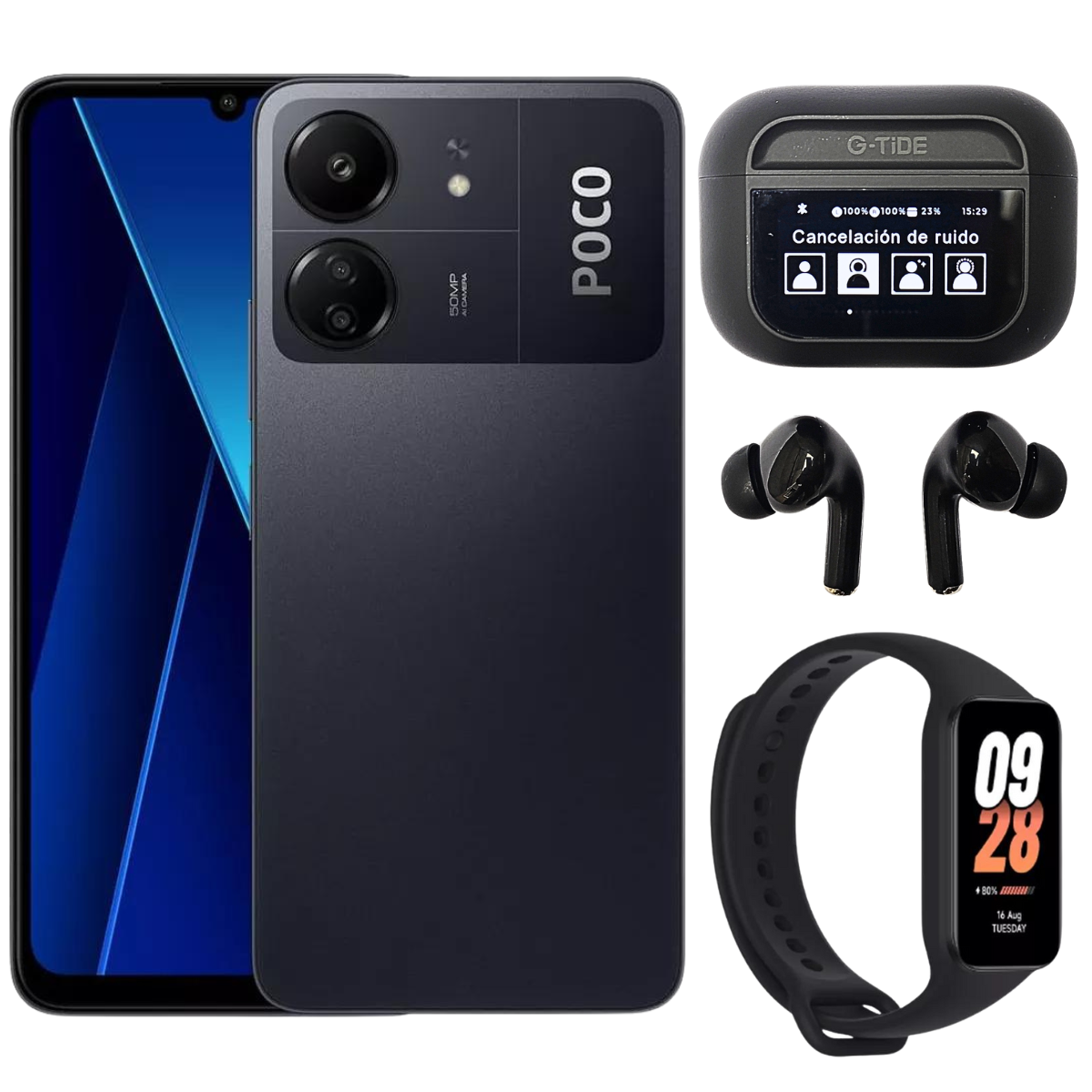 Xiaomi POCO C65 + Audífonos con Pantalla Táctil. G-TIDE Future Pod y Mi band 8 Active