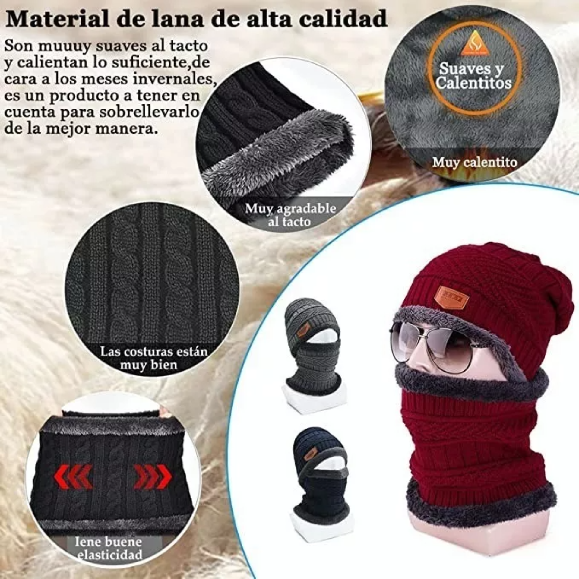 4 Conjunto Gorro Bufanda Guantes Frío Tejido Lana Unisex