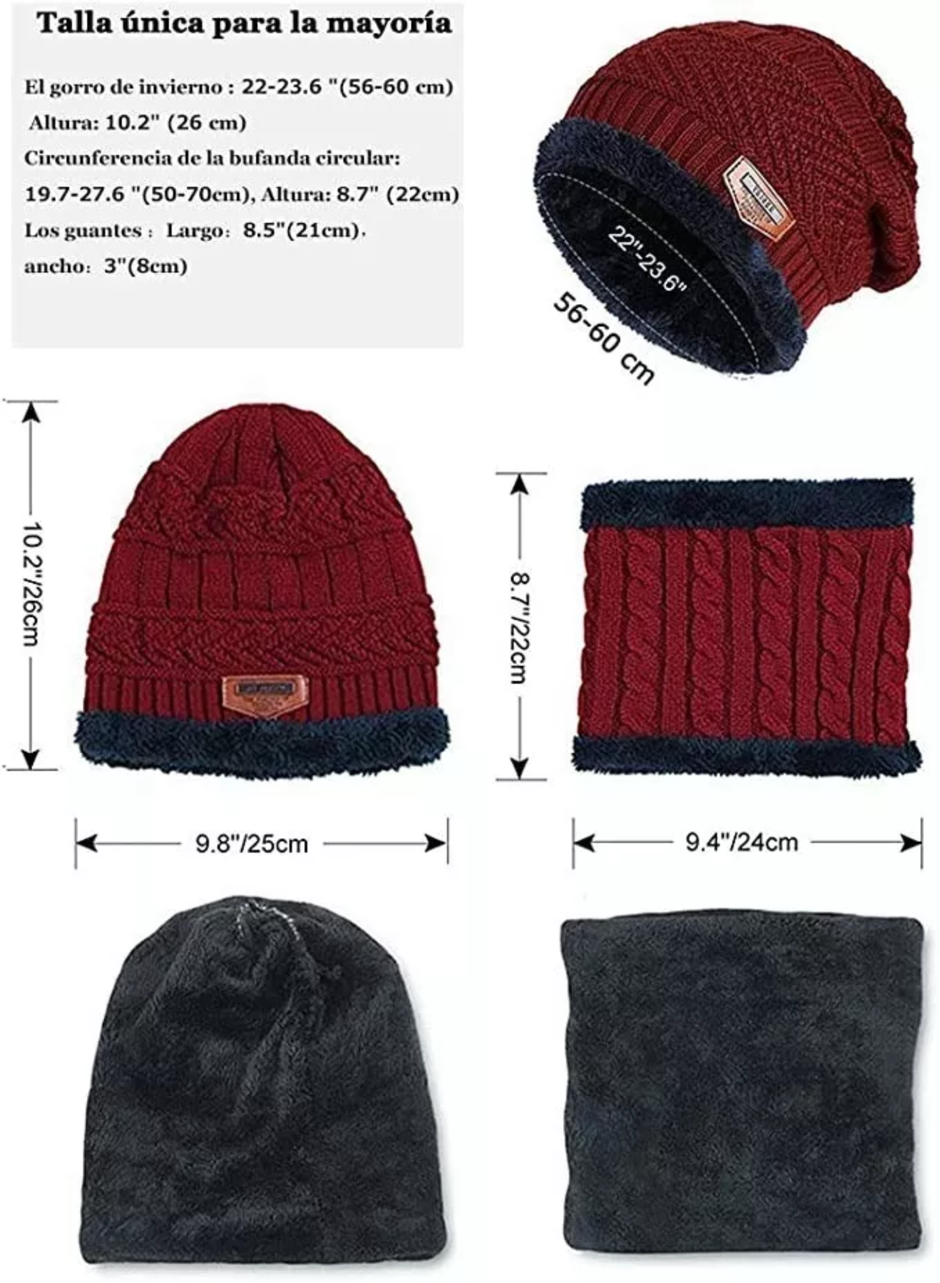 4 Conjunto Gorro Bufanda Guantes Frío Tejido Lana Unisex