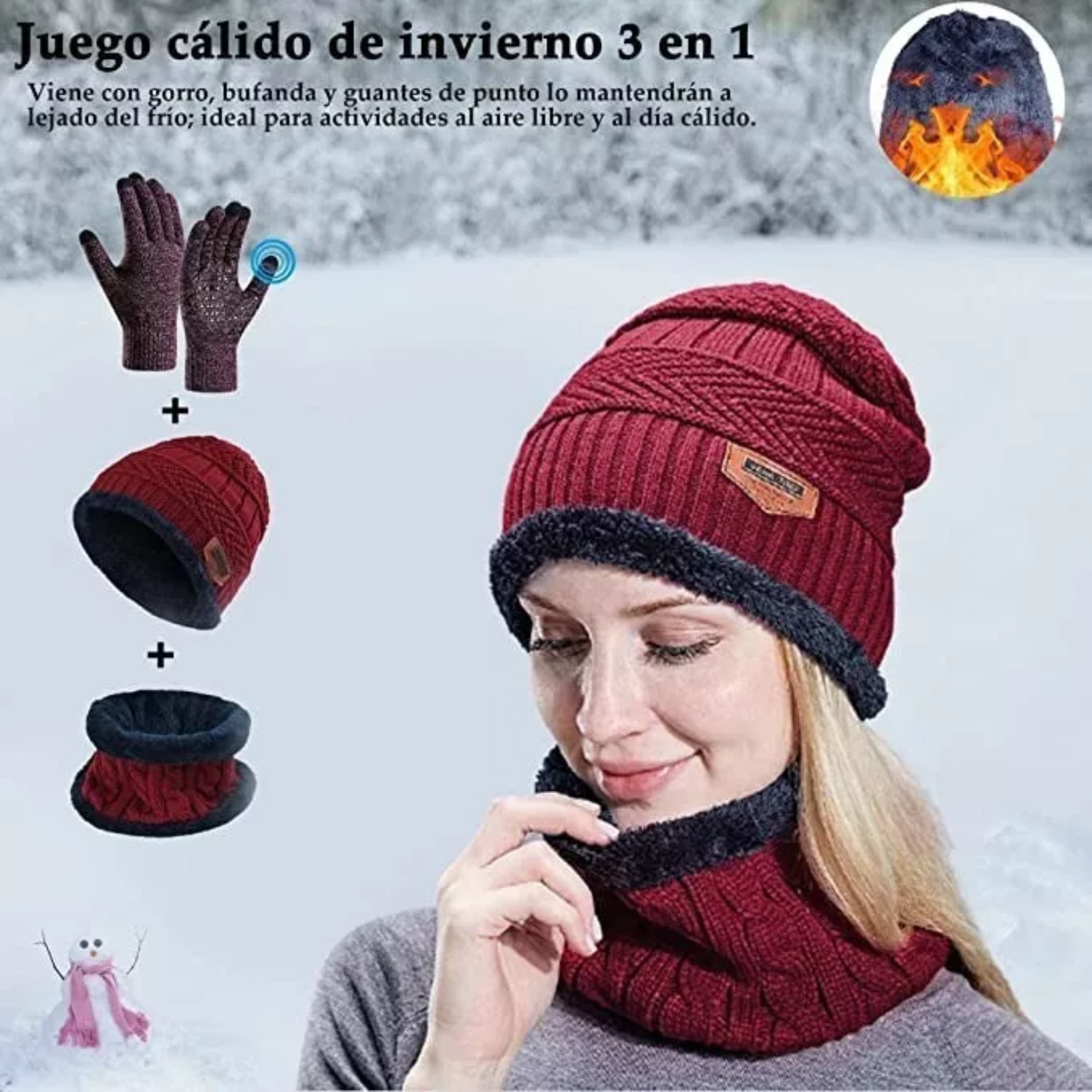 4 Conjunto Gorro Bufanda Guantes Frío Tejido Lana Unisex