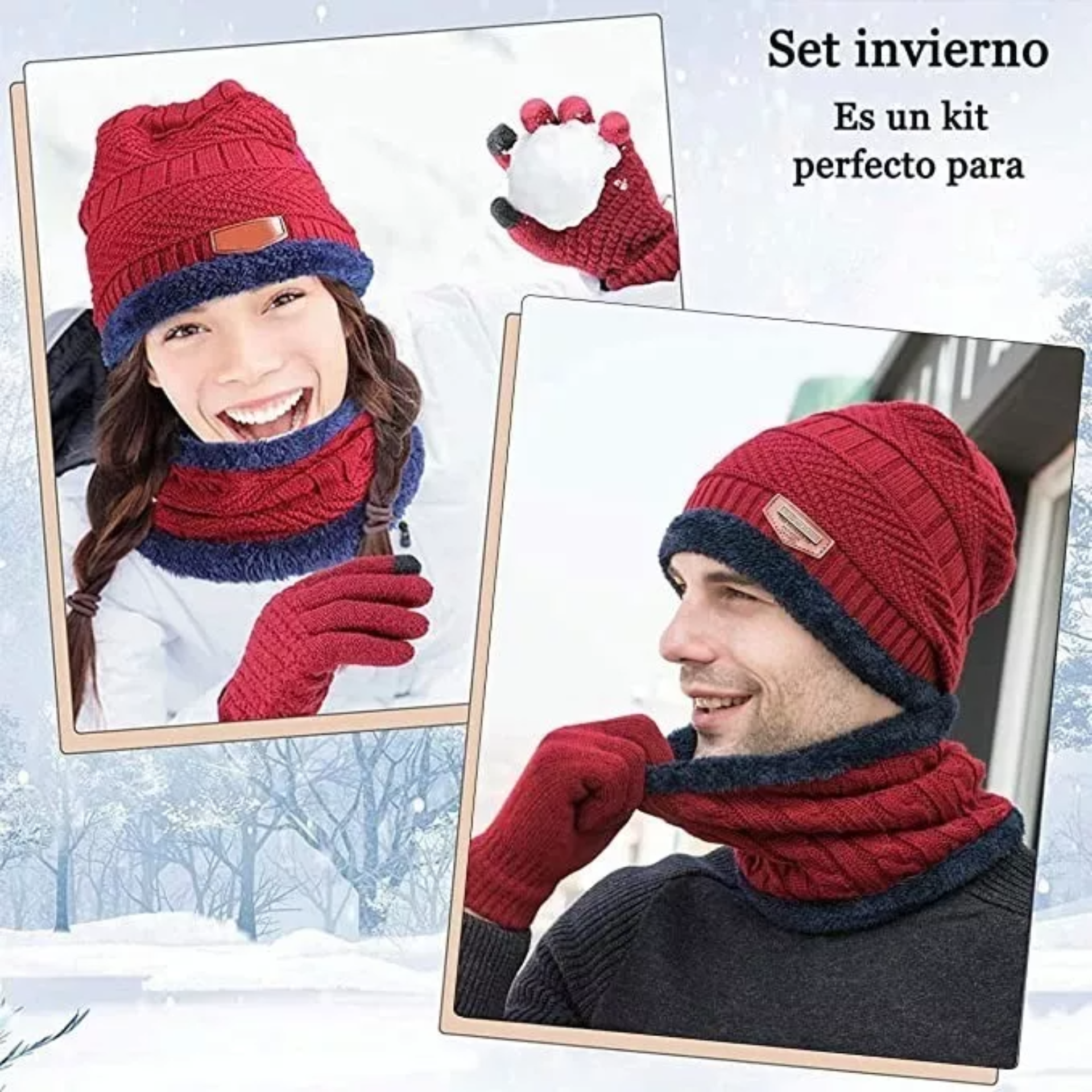 4 Conjunto Gorro Bufanda Guantes Frío Tejido Lana Unisex