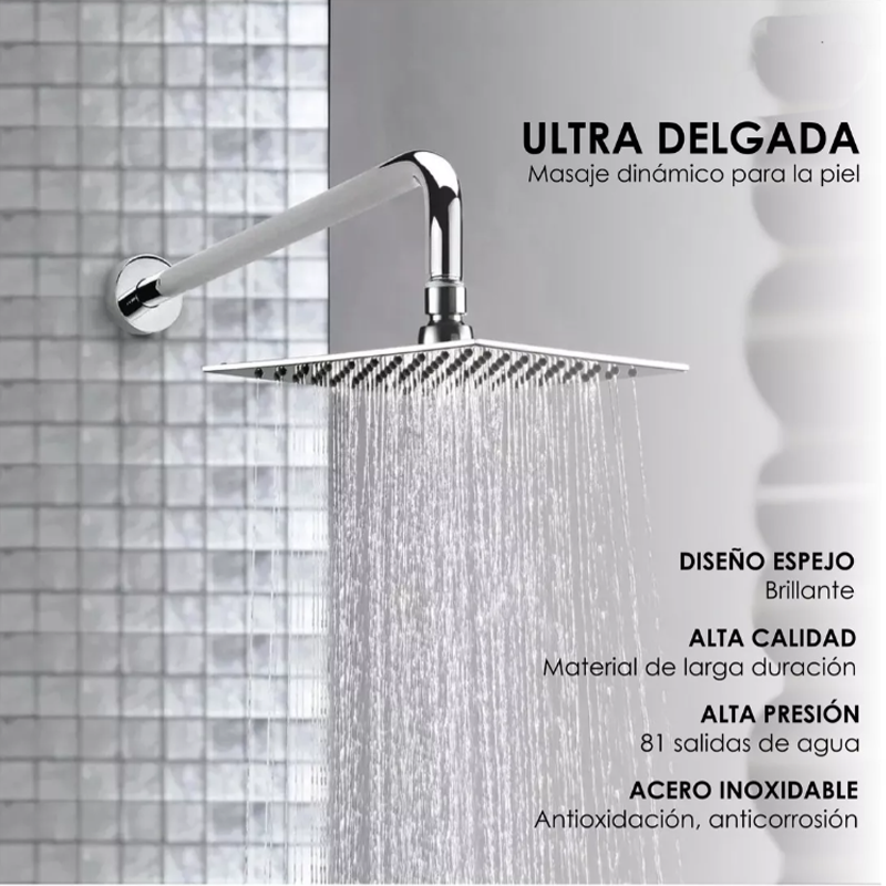 Regadera Cuadrada Tipo Lluvia 20x20 Tubo 30 cm y chapeton