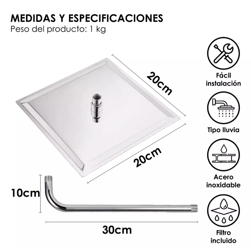 Regadera Cuadrada Tipo Lluvia 20x20 Tubo 30 cm y chapeton