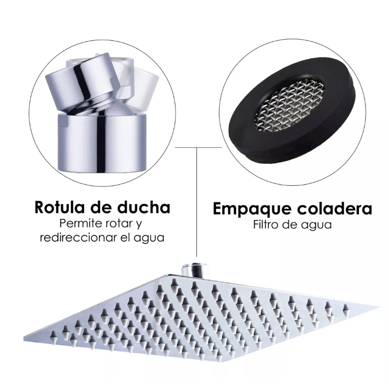 Regadera Cuadrada Tipo Lluvia 20x20 Tubo 30 cm y chapeton