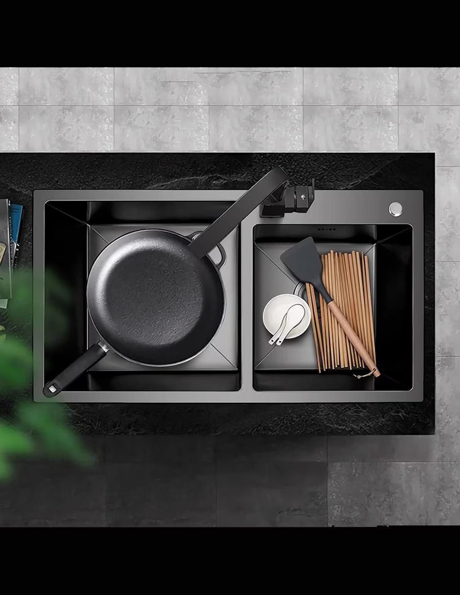 Kit de Tarjas Dobles en Acero Inoxidable Negro Mate, Incluye Mezcladora, Llave para Filtro de Agua y Todo lo Necesario para Instalación