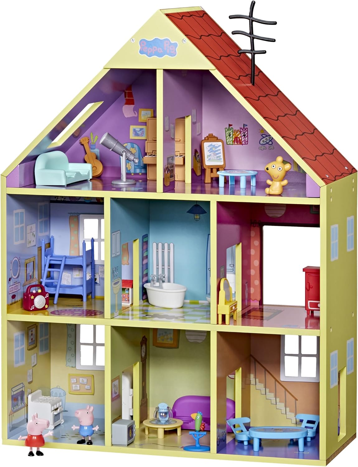 Peppa Pig - Súper casa de Madera - 8 Habitaciones - Incluye 2 Figuras y 29 Accesorios - Fabricada con Madera de Origen Responsable - A Partir de 3 años