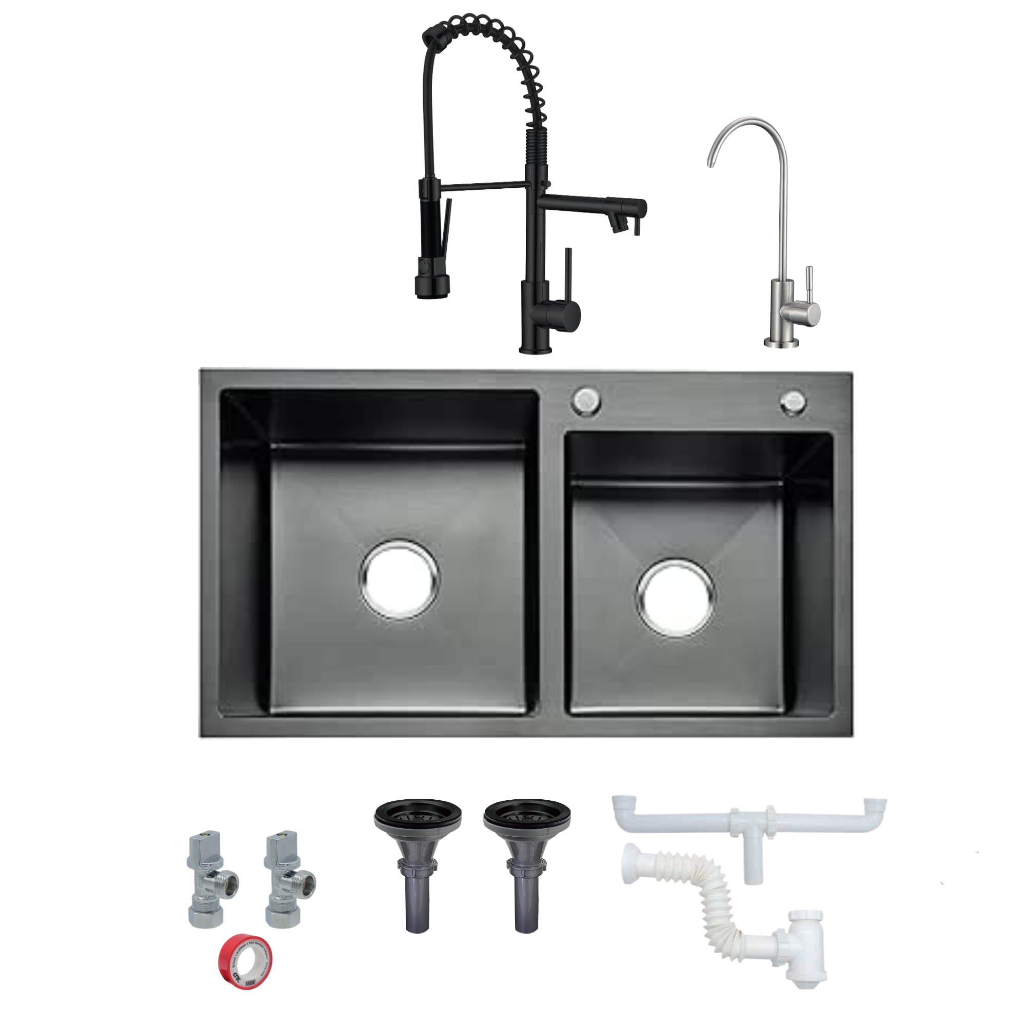 Kit de Tarjas Dobles en Acero Inoxidable Negro Mate, Incluye Mezcladora, Llave para Filtro de Agua y Todo lo Necesario para Instalación