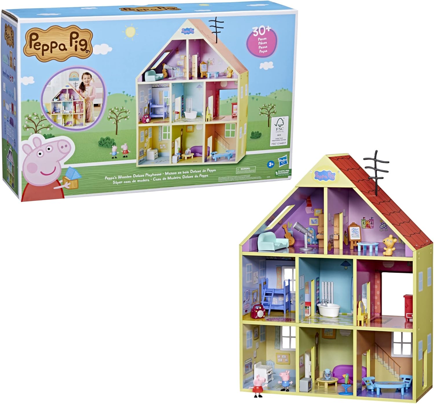 Peppa Pig - Súper casa de Madera - 8 Habitaciones - Incluye 2 Figuras y 29 Accesorios - Fabricada con Madera de Origen Responsable - A Partir de 3 años