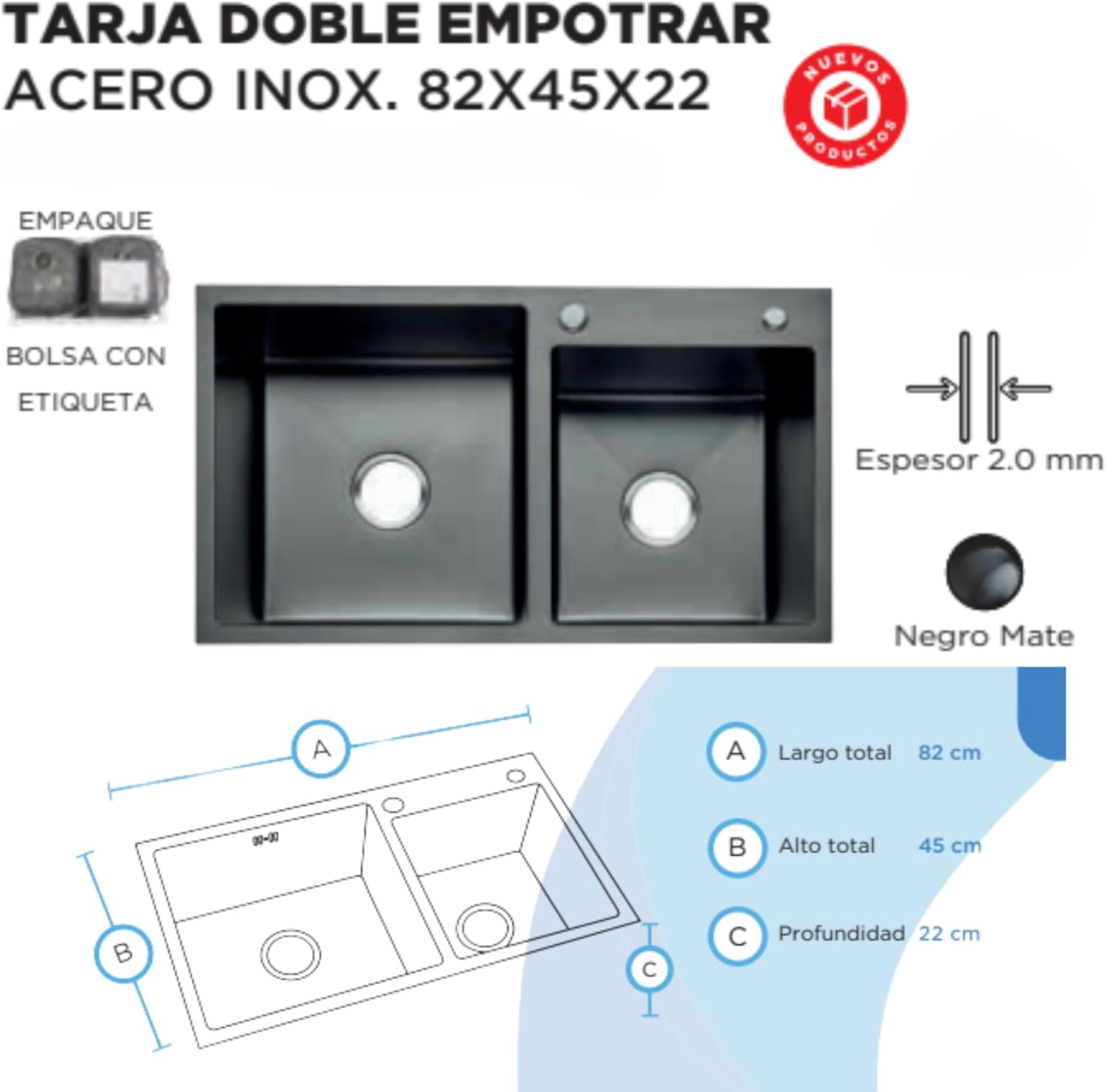 Kit de Tarjas Dobles en Acero Inoxidable Negro Mate, Incluye Mezcladora, Llave para Filtro de Agua y Todo lo Necesario para Instalación