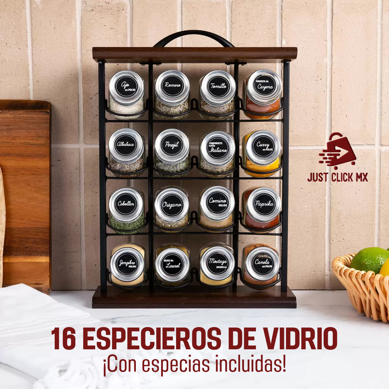 Especiero De 16 Frascos De Vidrio Con Especies Elegante Orii