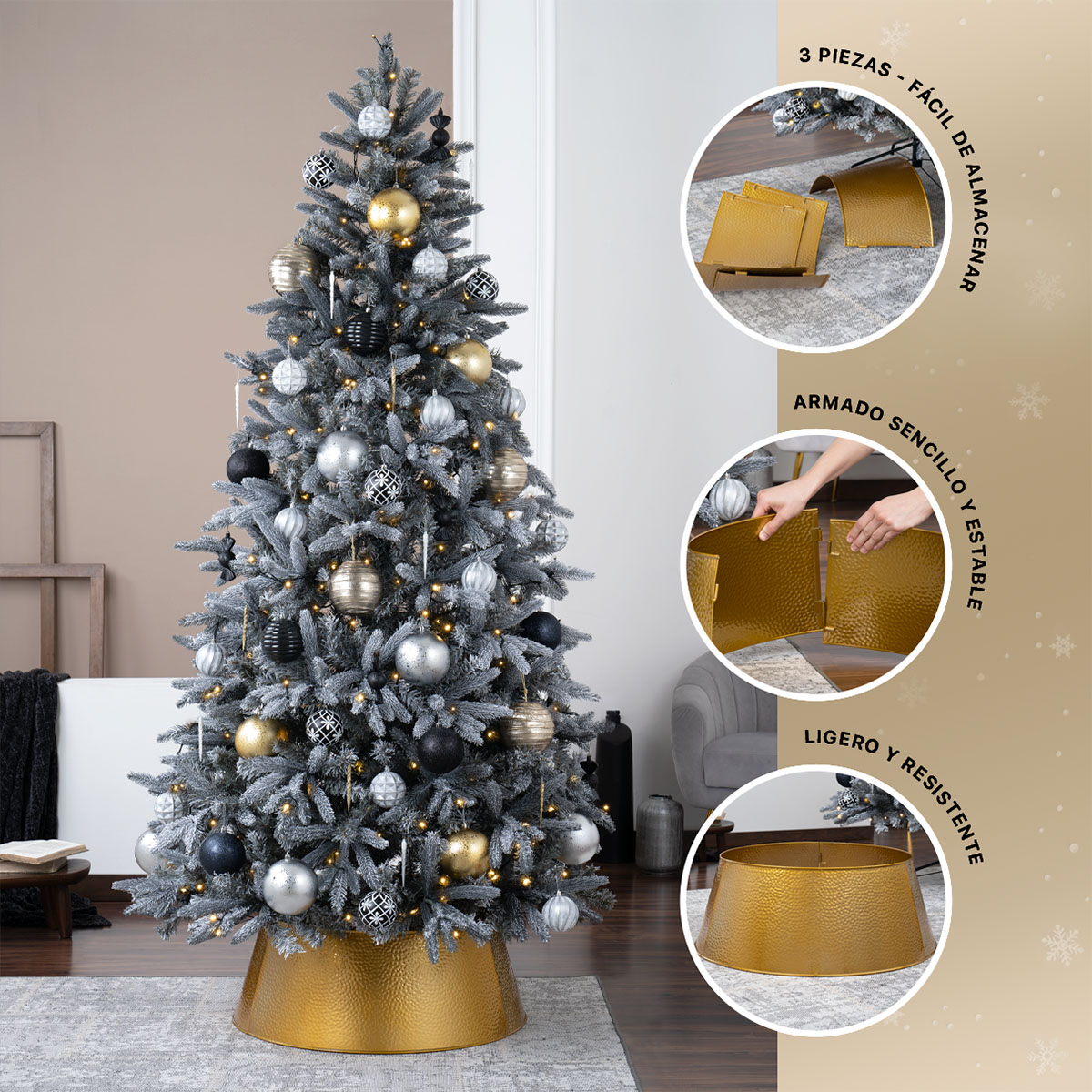 Pie de Árbol de Navidad Collar Metálico Falda para Pino Navideño Anillo de Acero Decoración Dorado ESQUIMAL