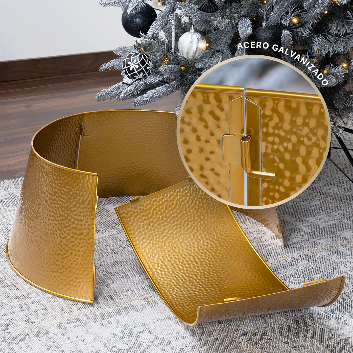 Pie de Árbol de Navidad Collar Metálico Falda para Pino Navideño Anillo de Acero Decoración Dorado ESQUIMAL