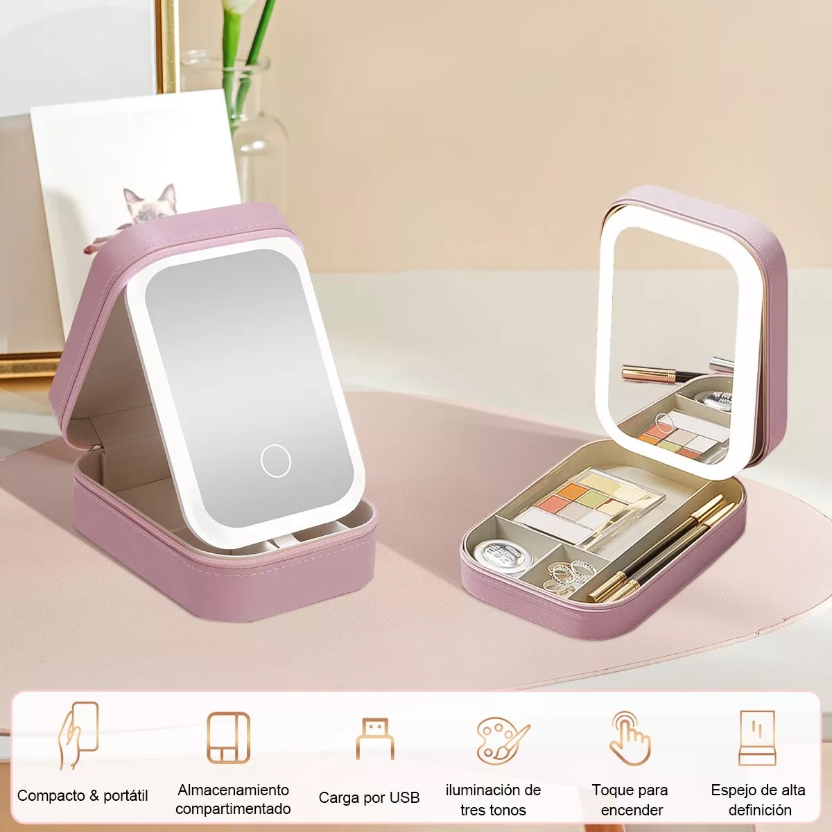 Espejo Con Luz Led Estuche De Maquillaje De Viaje Recargable