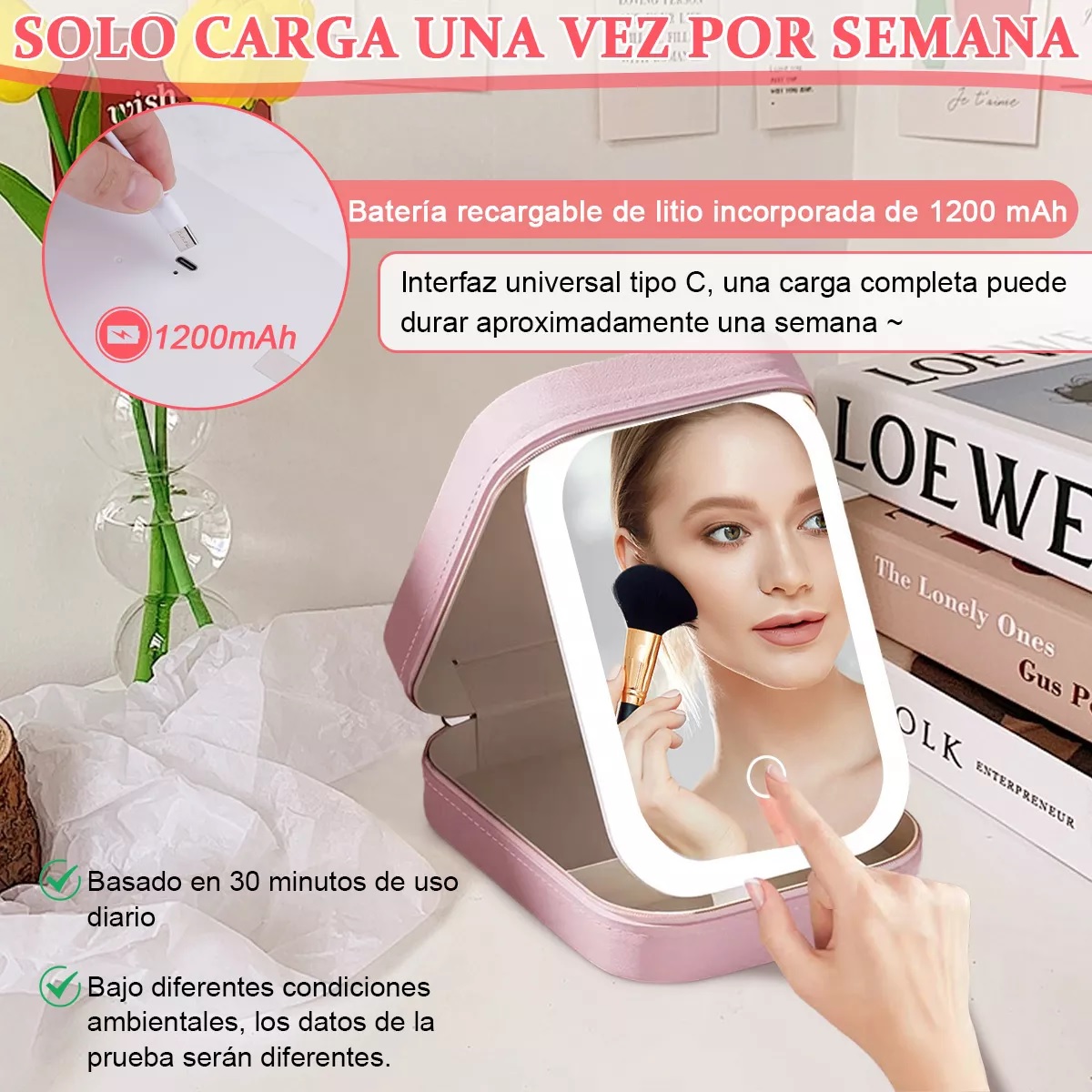 Espejo Con Luz Led Estuche De Maquillaje De Viaje Recargable